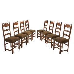 Set of Eight Oak Dining Chairs with Green Mohair Upholstery, Europe 1960s