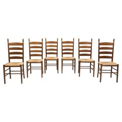 Set of Six Ladderback Beech Dining Chairs with Woven Seats, Europe Mid-20th C