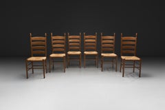 Set of Six Ladderback Beech Dining Chairs with Woven Seats, Europe Mid-20th C