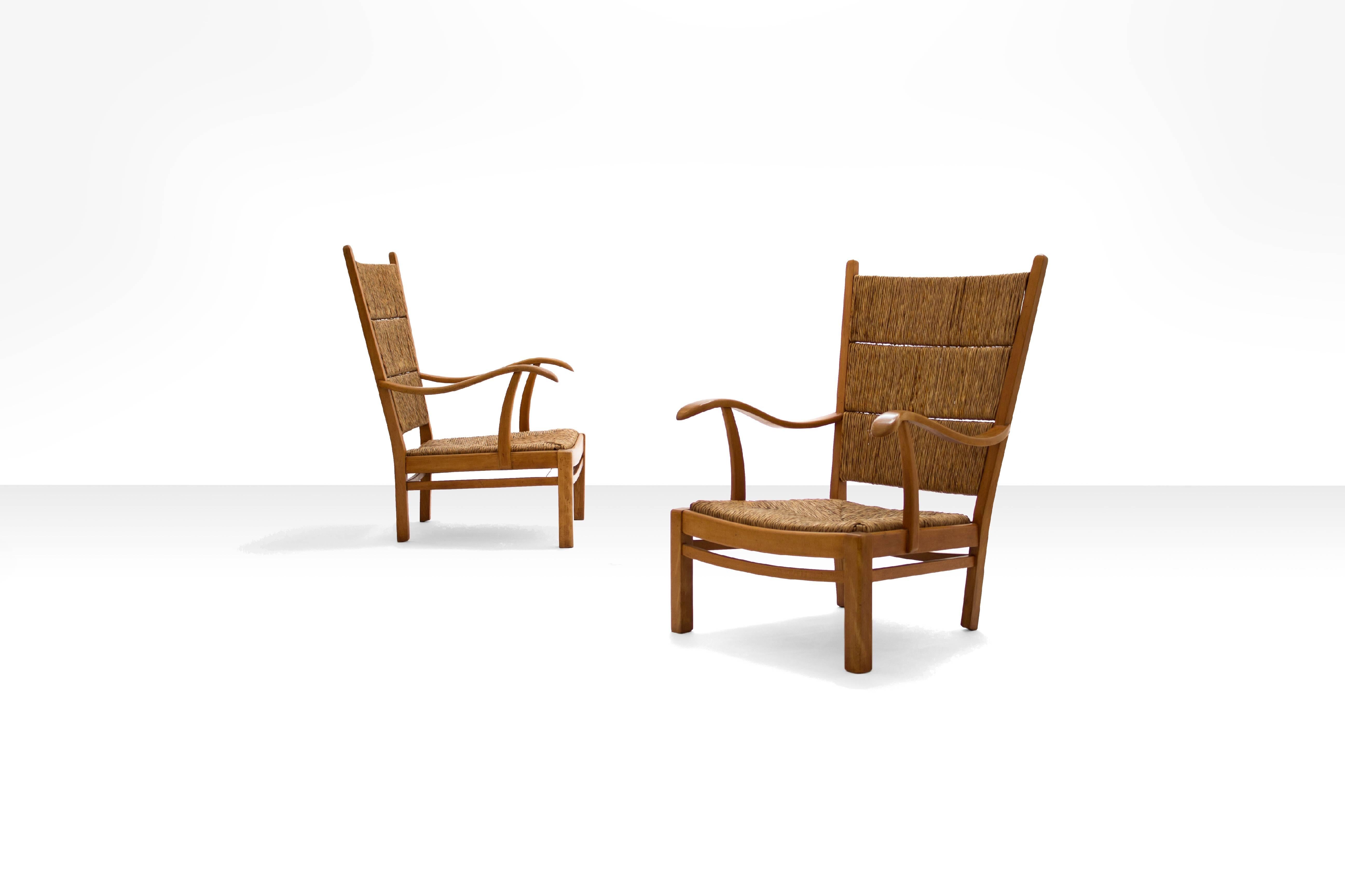 Mid-Century Modern Mid-Century Armchairs in Beech and Straw, the Netherlands 1940s