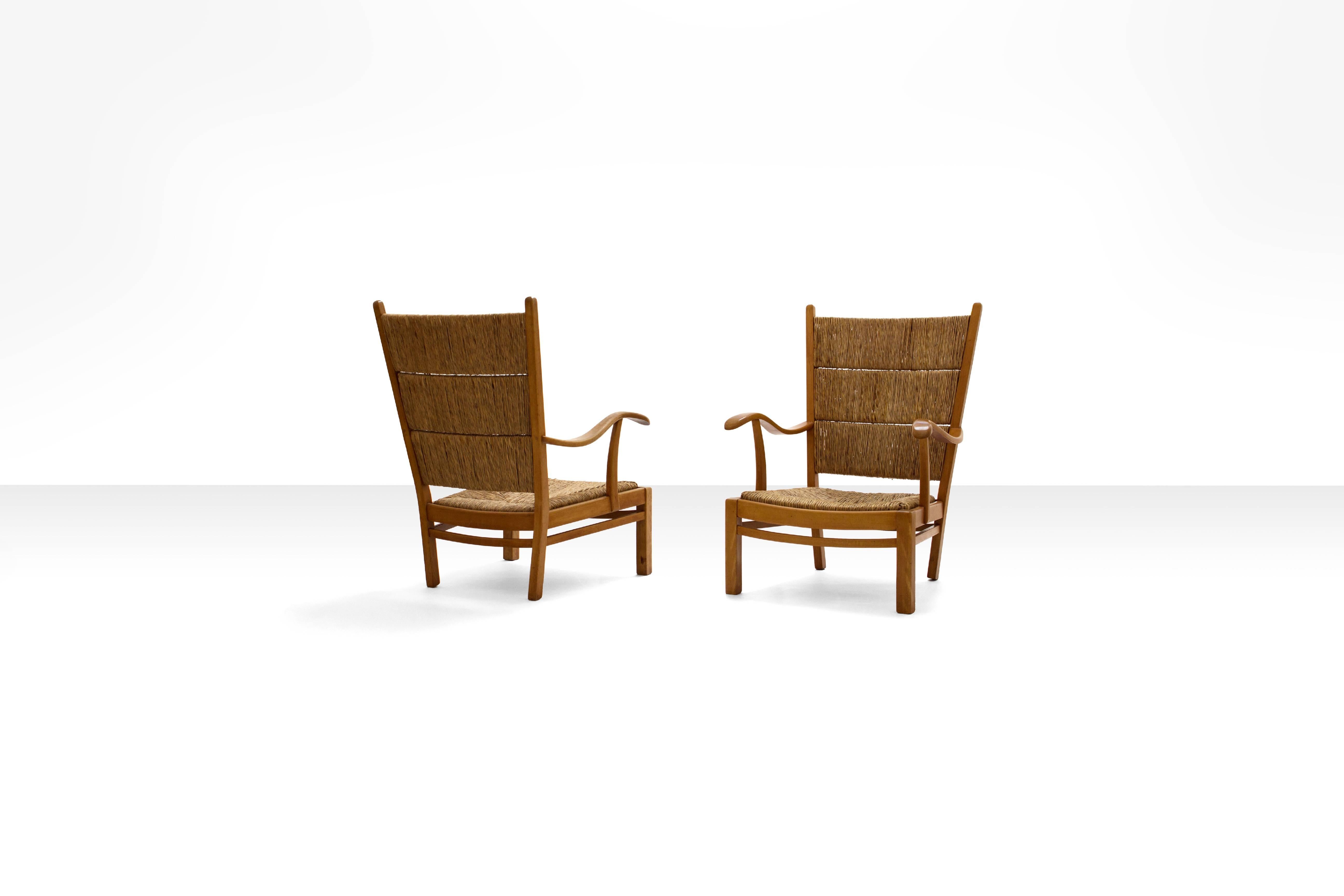 Dutch Mid-Century Armchairs in Beech and Straw, the Netherlands 1940s