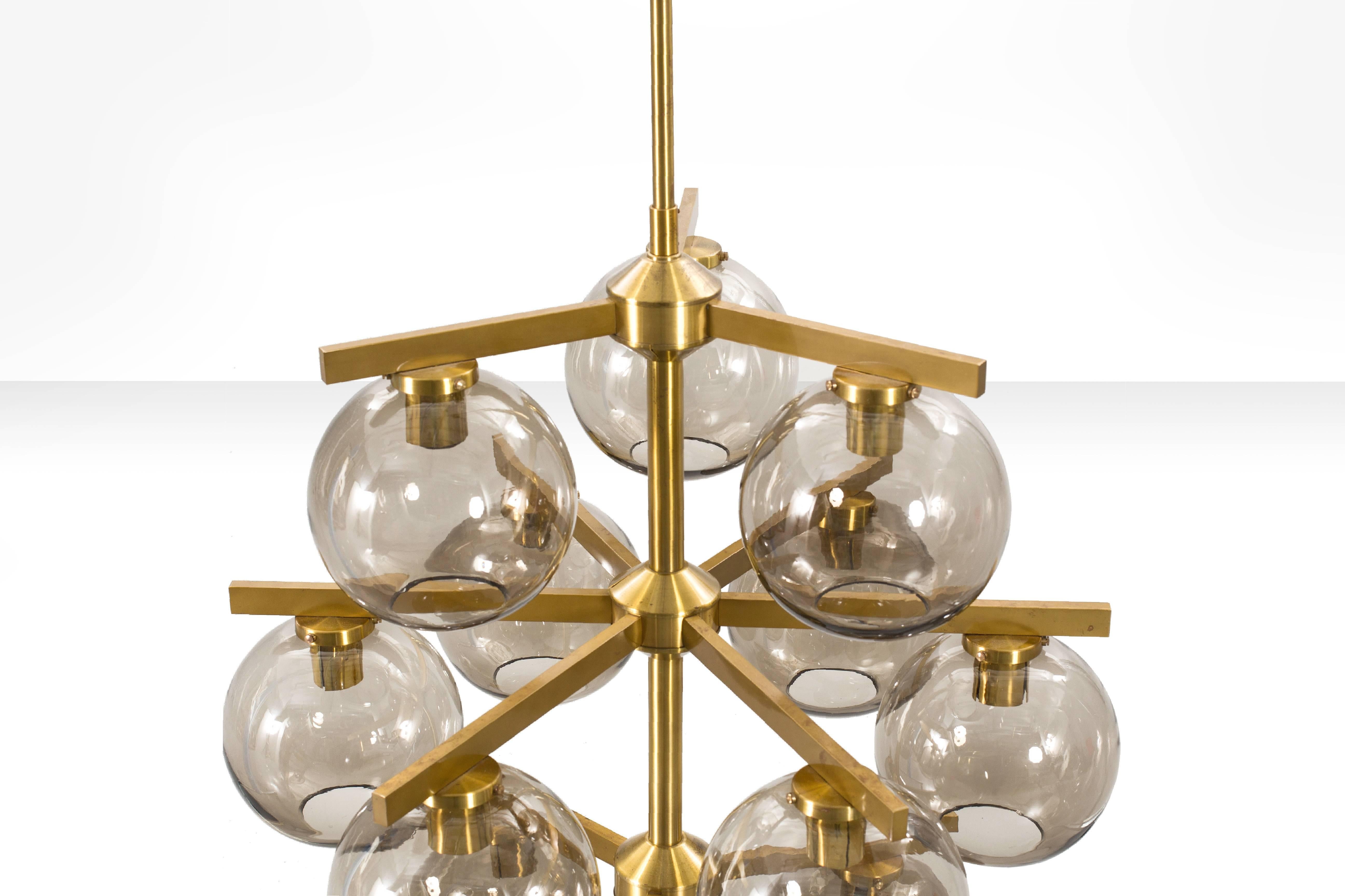 Swedish Holger Johansson Chandelier with 12 Smoked Glass Shades, Sweden, 1960s
