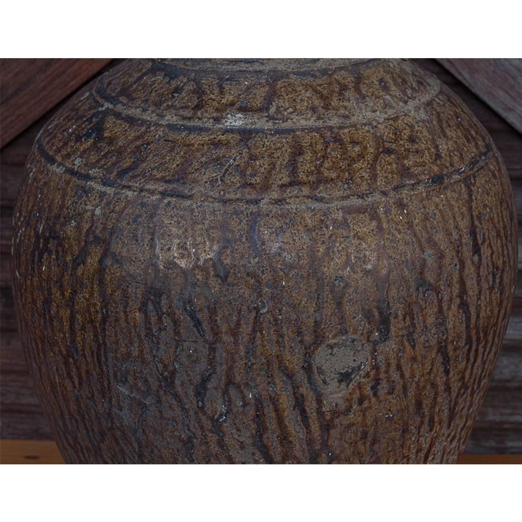 Earthenware Late Angkor Period Khmer Light Brown Glazed Ceramic Jar, Partially Broken Lip For Sale