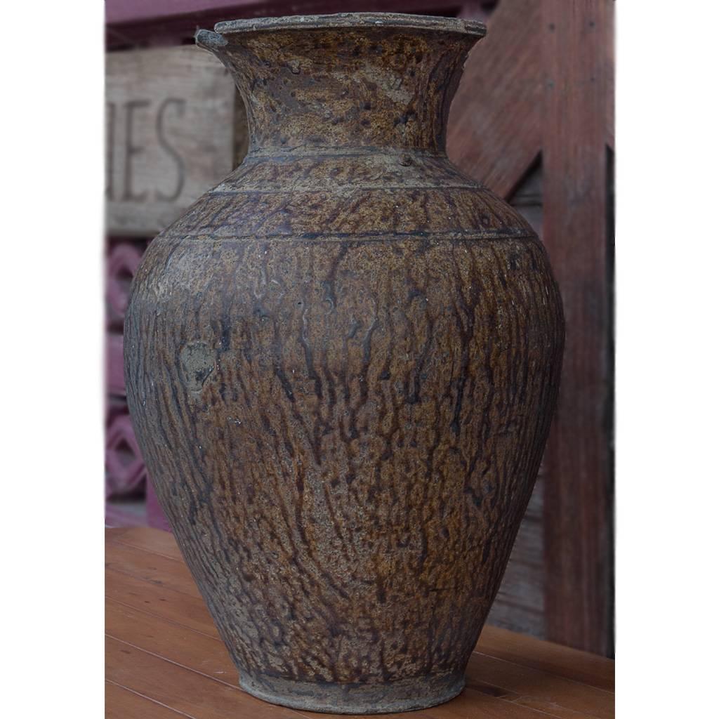 Cambodian Late Angkor Period Khmer Light Brown Glazed Ceramic Jar, Partially Broken Lip For Sale
