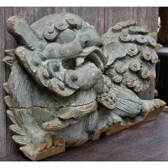 Pair of Late Qing Dynasty Carved Spruce-Wood Guardian Lions 'Foo Dogs'