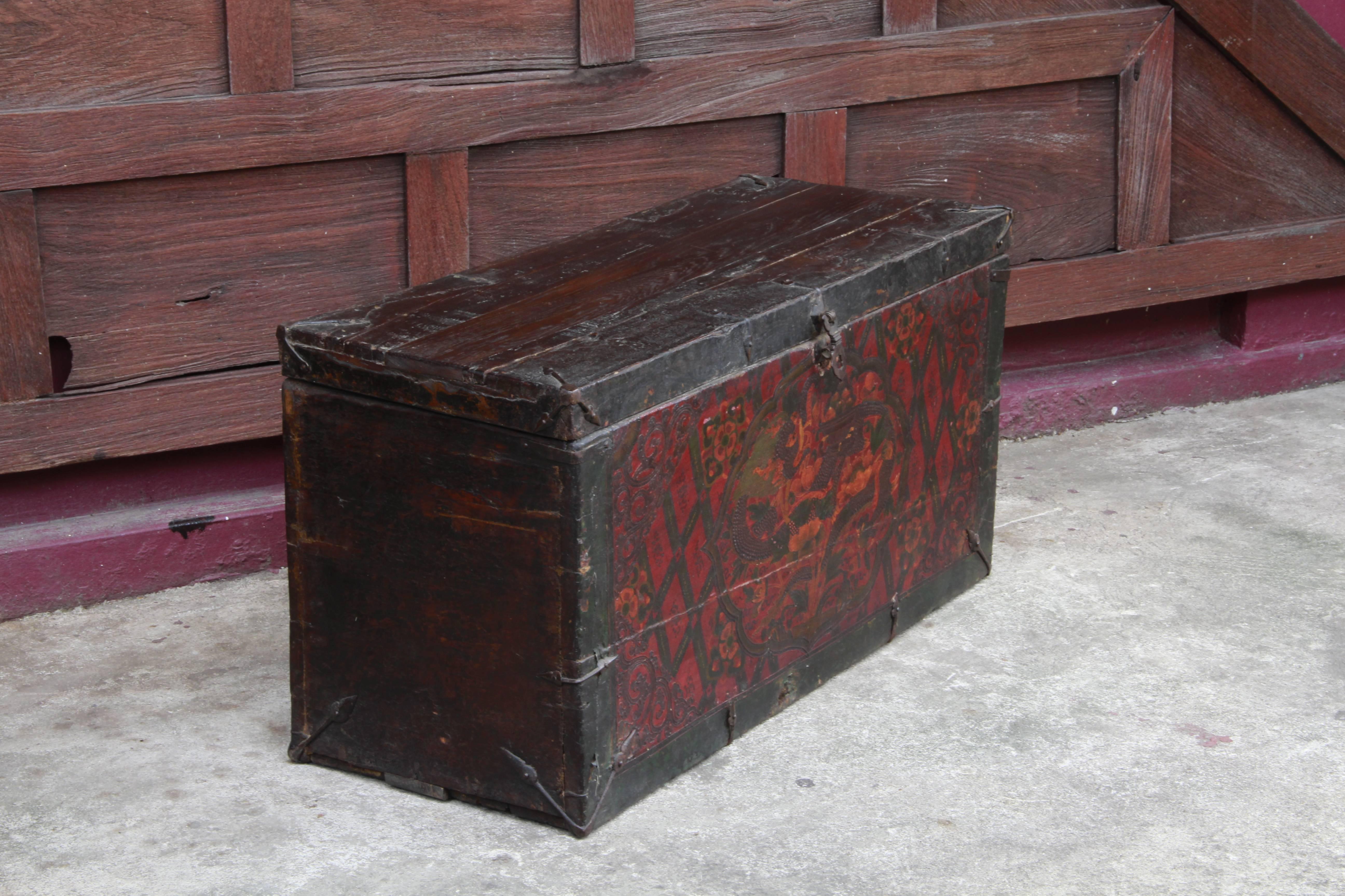 19th Century Tibetan Storage Trunk or Box with Gesso Painting of Dragons For Sale