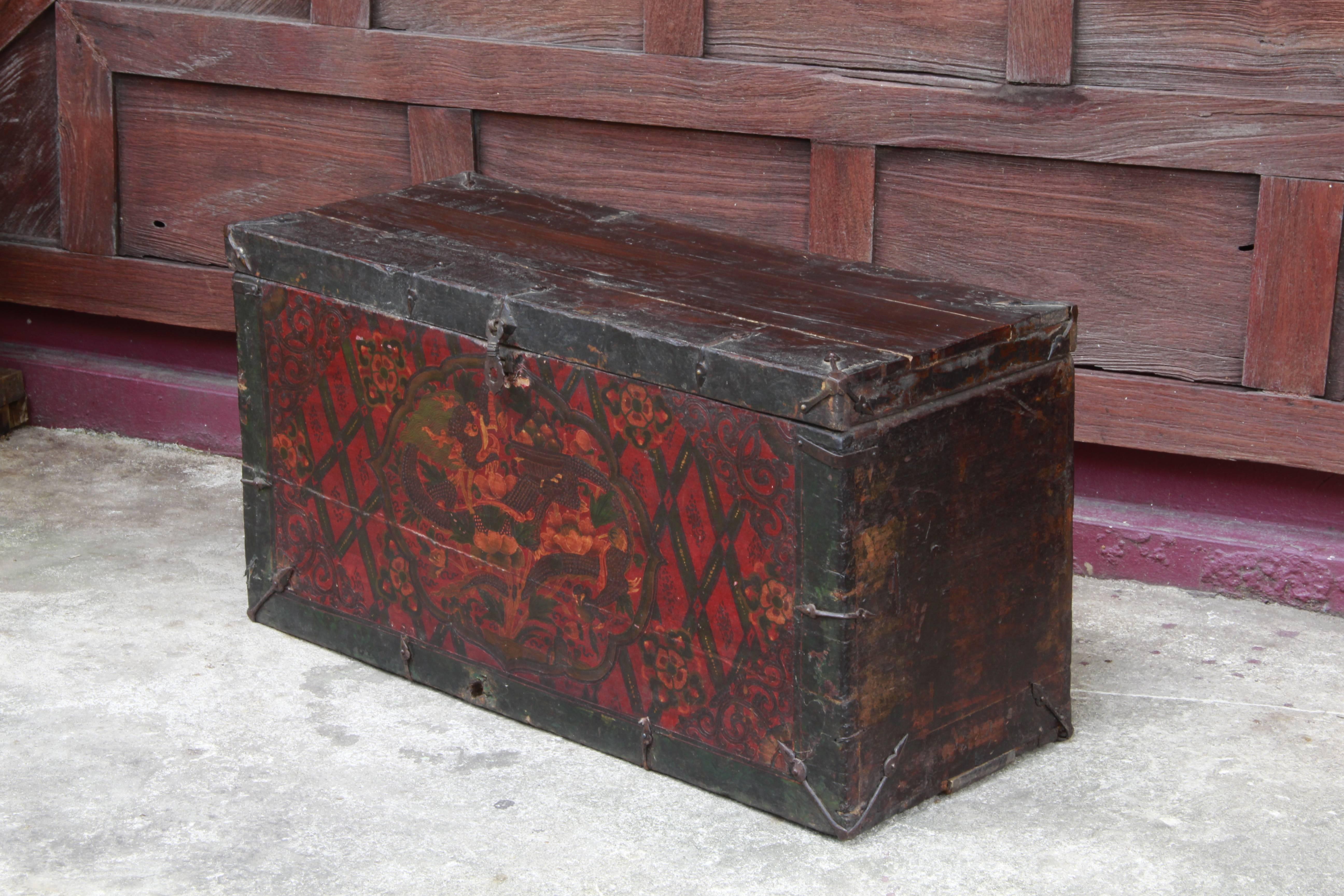 Pine Tibetan Storage Trunk or Box with Gesso Painting of Dragons For Sale