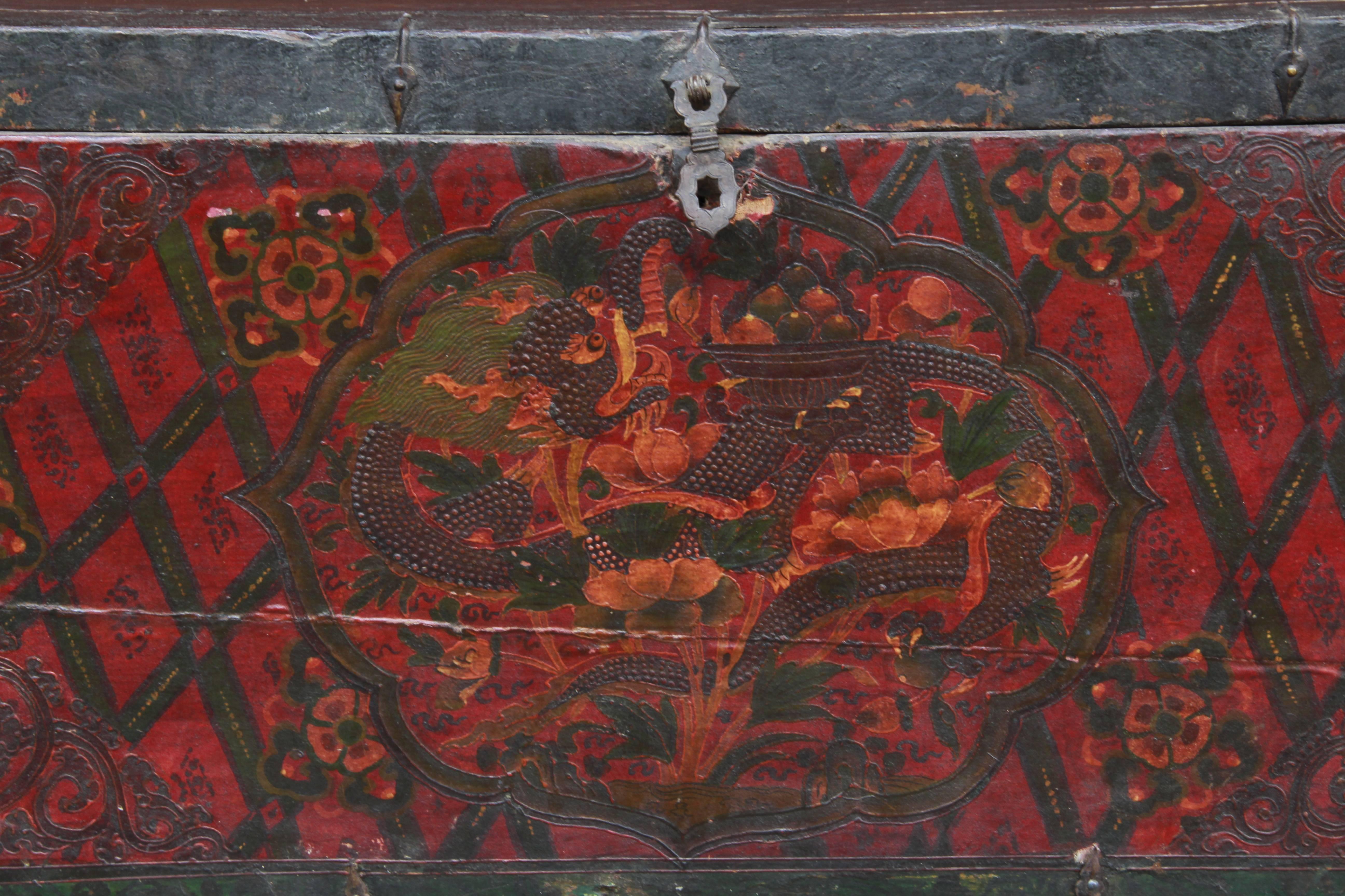 Hand-Carved Tibetan Storage Trunk or Box with Gesso Painting of Dragons For Sale