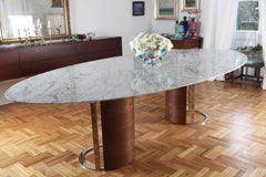 Contemporary Carrara Marble 'Kayra' Dining Table with Walnut Veneer Legs