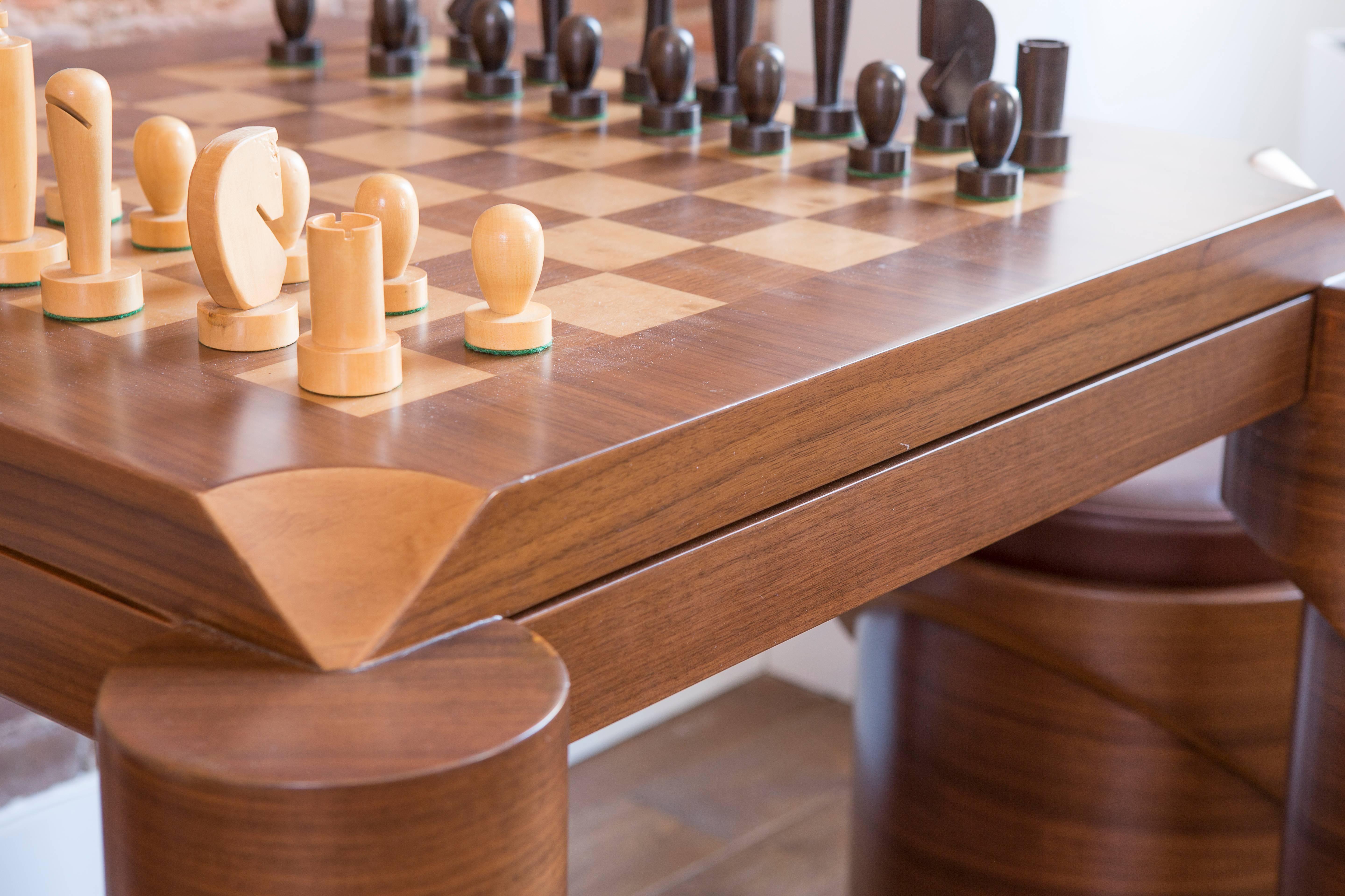 The ancient game of chess is based on strategy and winning is ultimately being the better strategist. The table was designed to reflect this exchange between opponents. The players think long-term, protect certain pieces, while losing other pieces