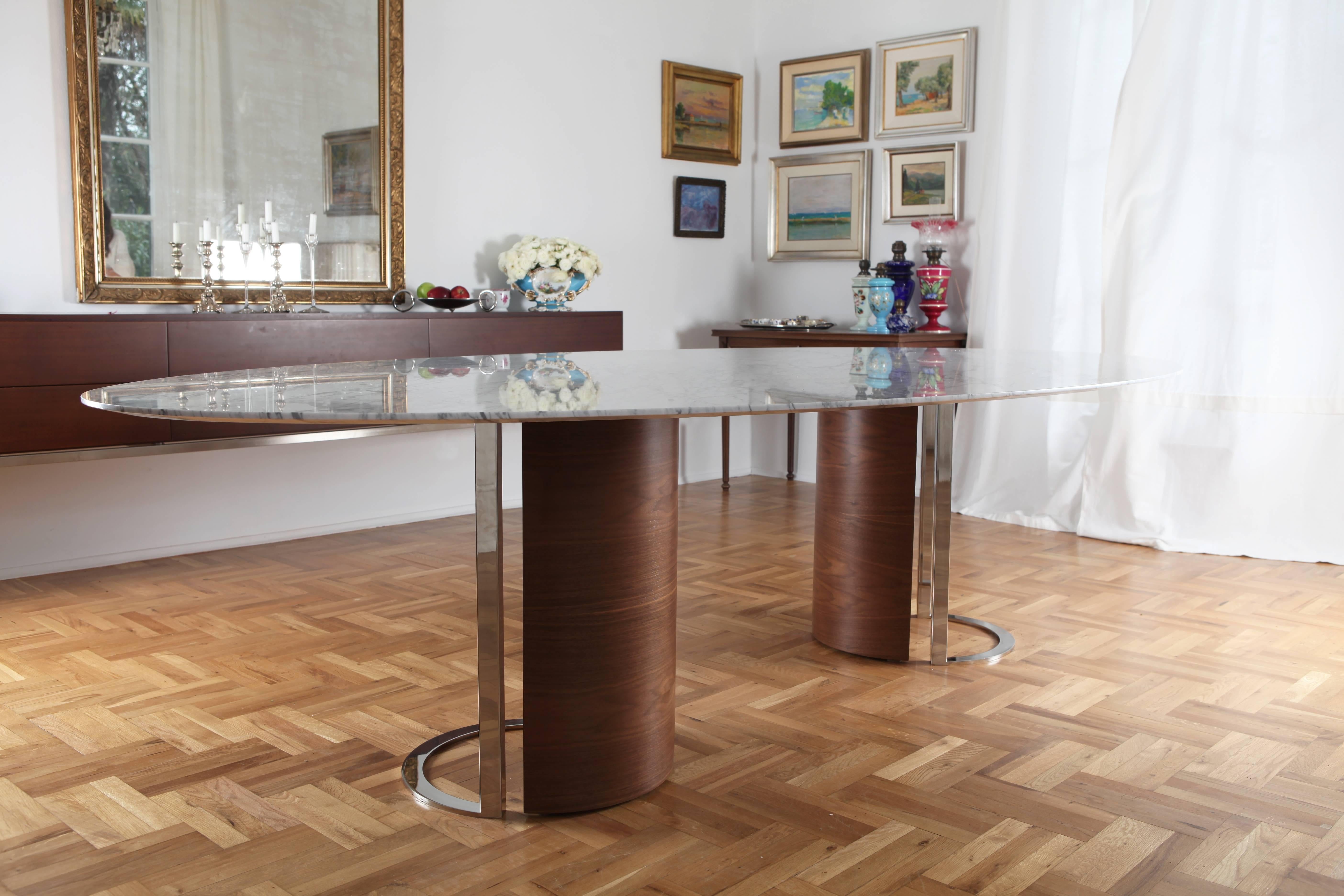 Modern Contemporary Carrara Marble 'Kayra' Dining Table with Walnut Veneer Legs For Sale