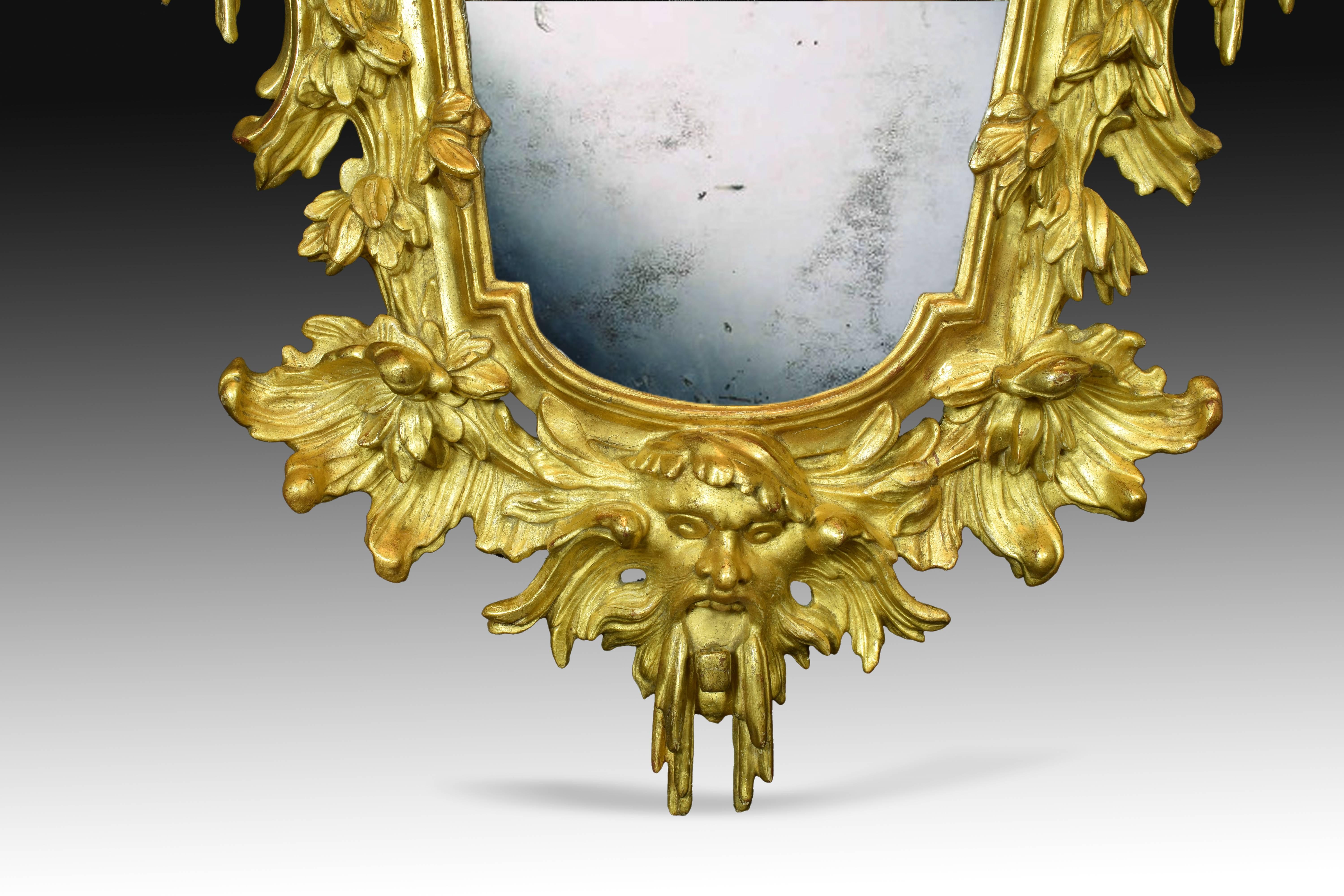 Paire de Miroirs en Bois Doré avec Porcelaine, Rococo, 18ème Siècle Bon état - En vente à Madrid, ES