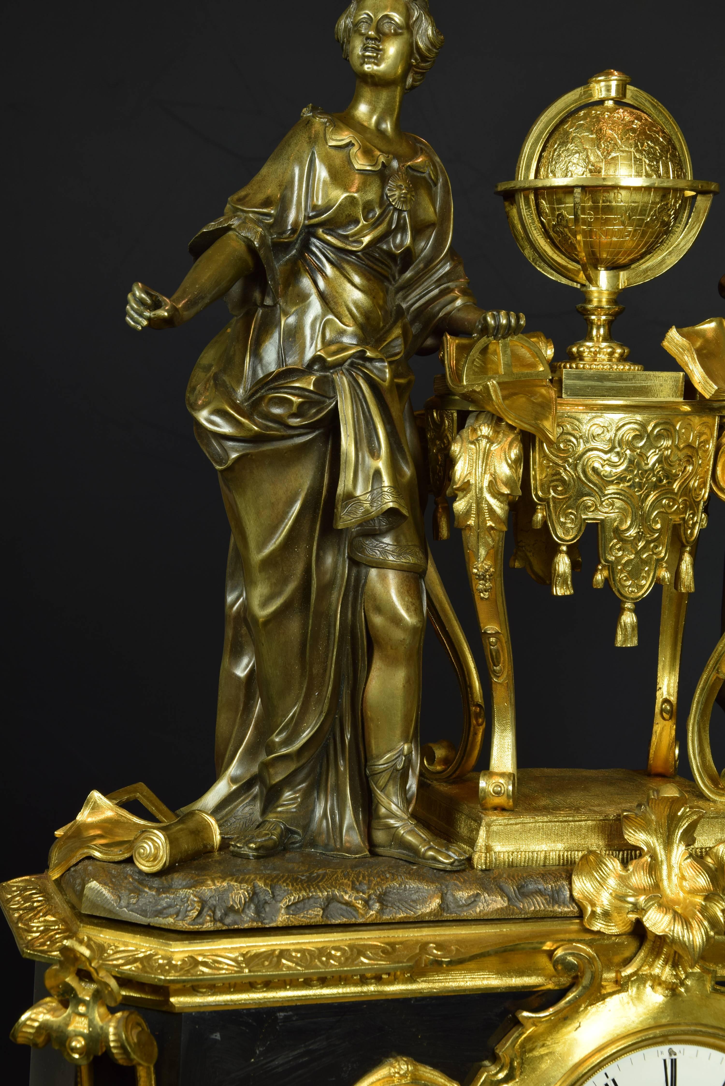 Carved French Table Clock with Allegory of Sciences, Brocot Ainé, Paris, 19th Century