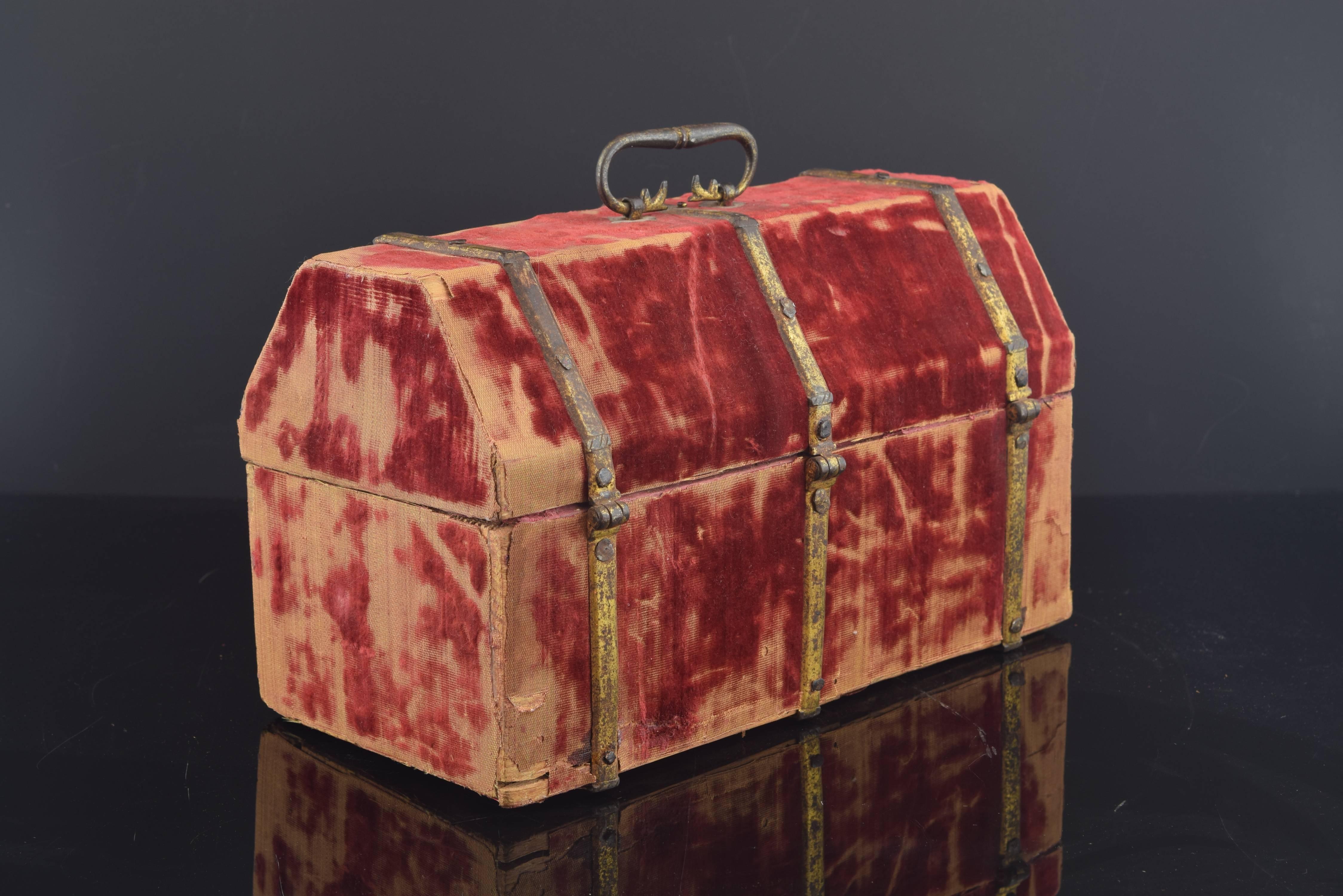 Spanish Chest Wood, Covered in Red Velvet, and Gold Iron, Spain, 16th Century