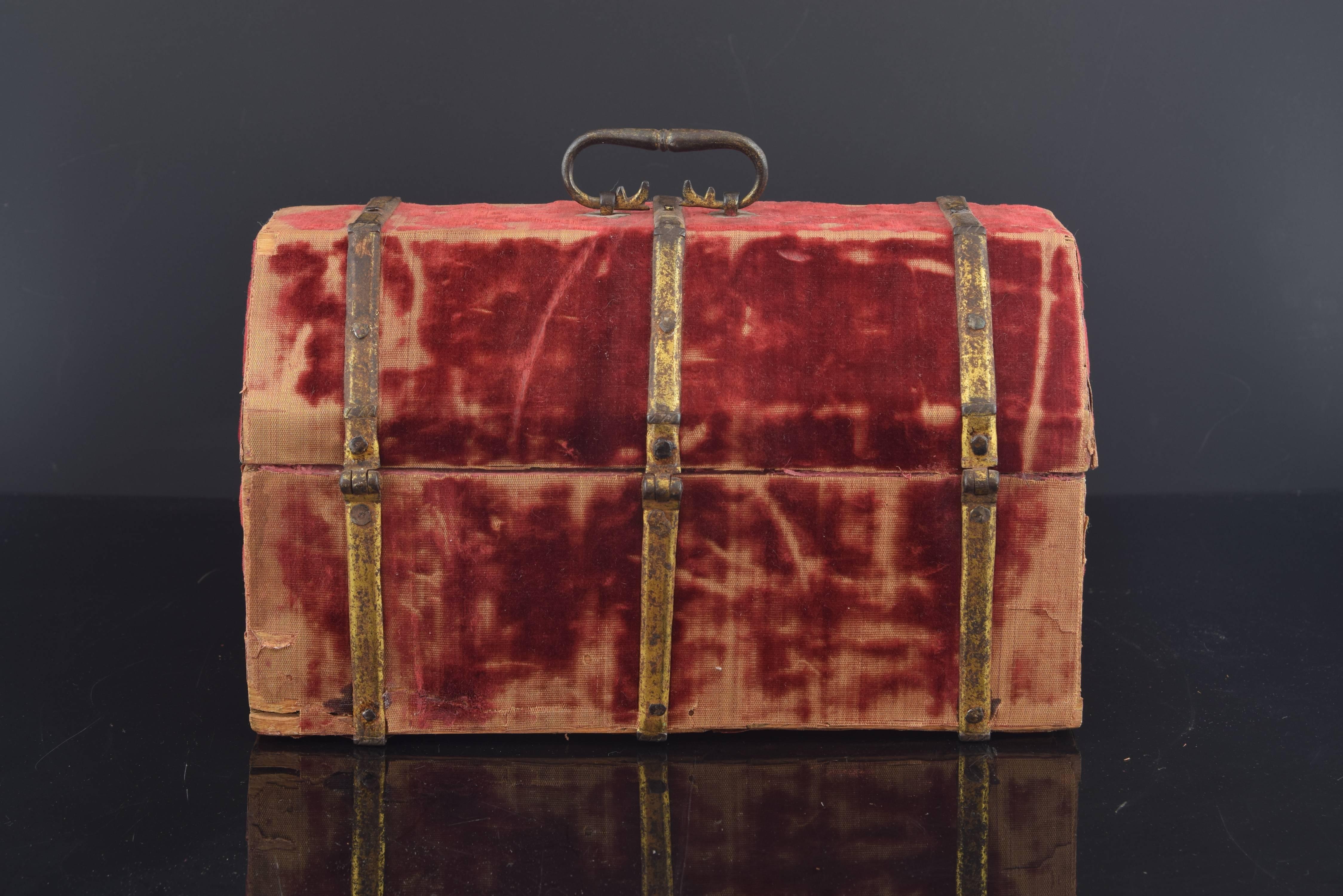 Gothic Chest Wood, Covered in Red Velvet, and Gold Iron, Spain, 16th Century