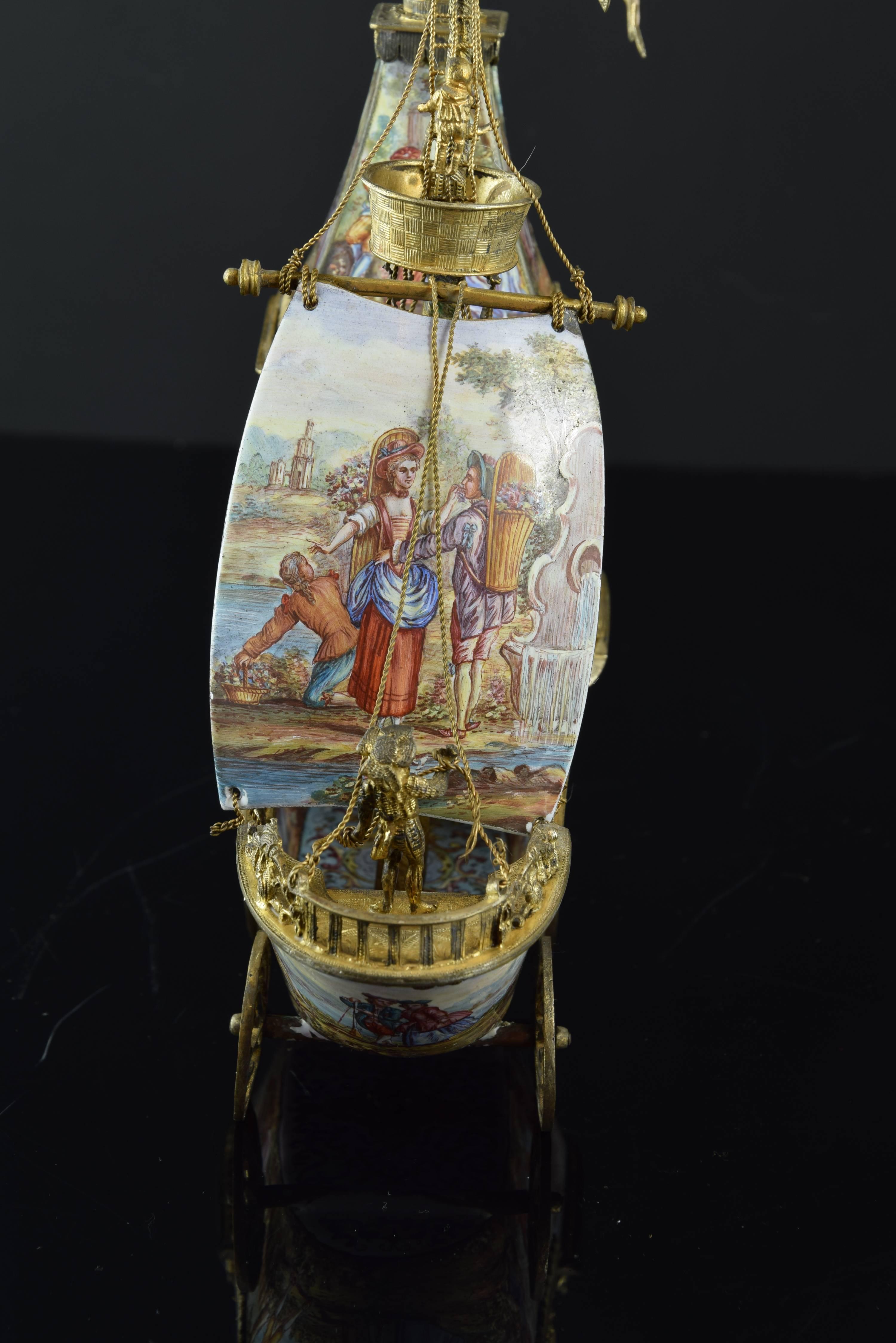 Neoclassical Viennese Enameled Boat, Gilt Silver and Enamel, 19th Century