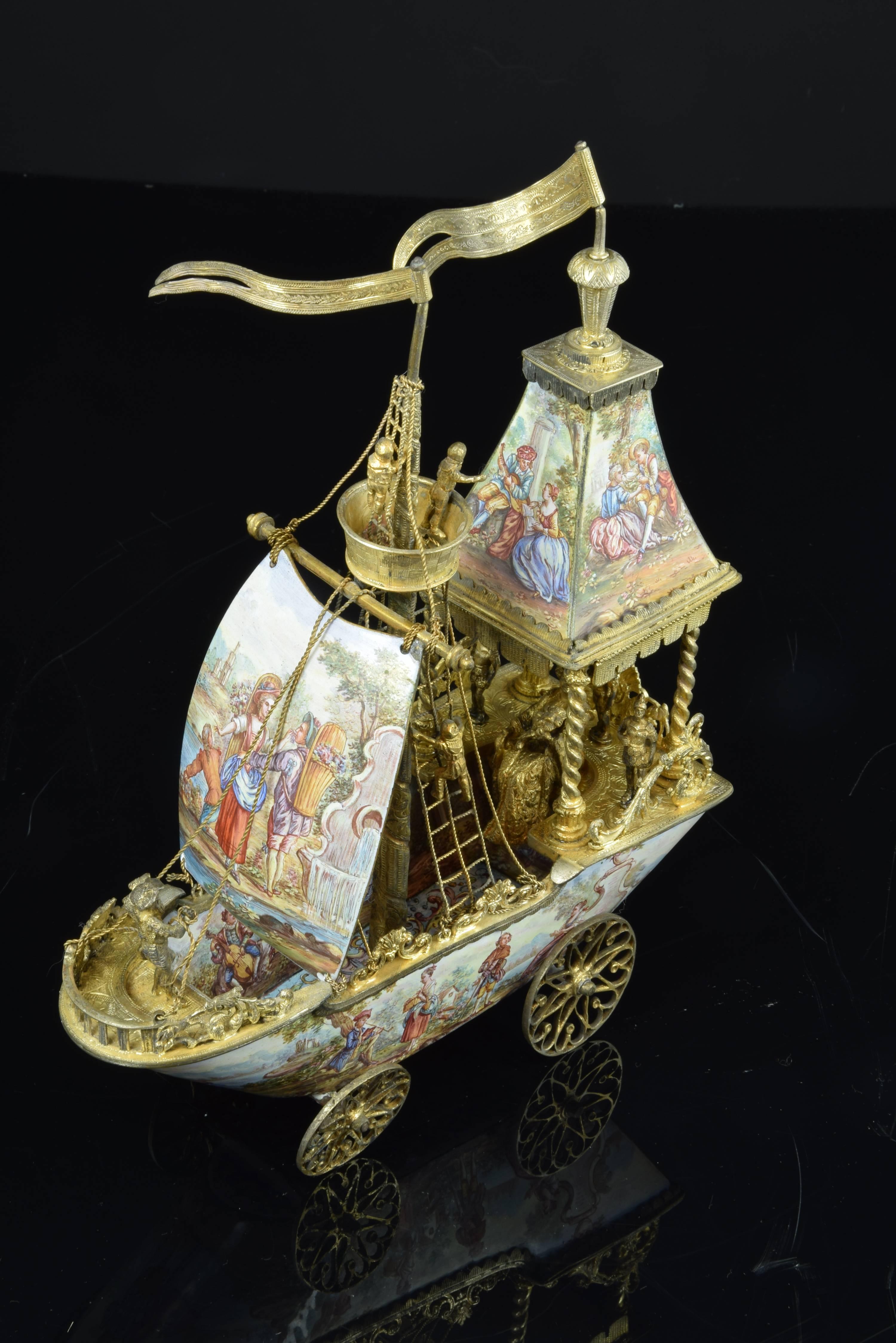 Viennese Enameled Boat, Gilt Silver and Enamel, 19th Century 5