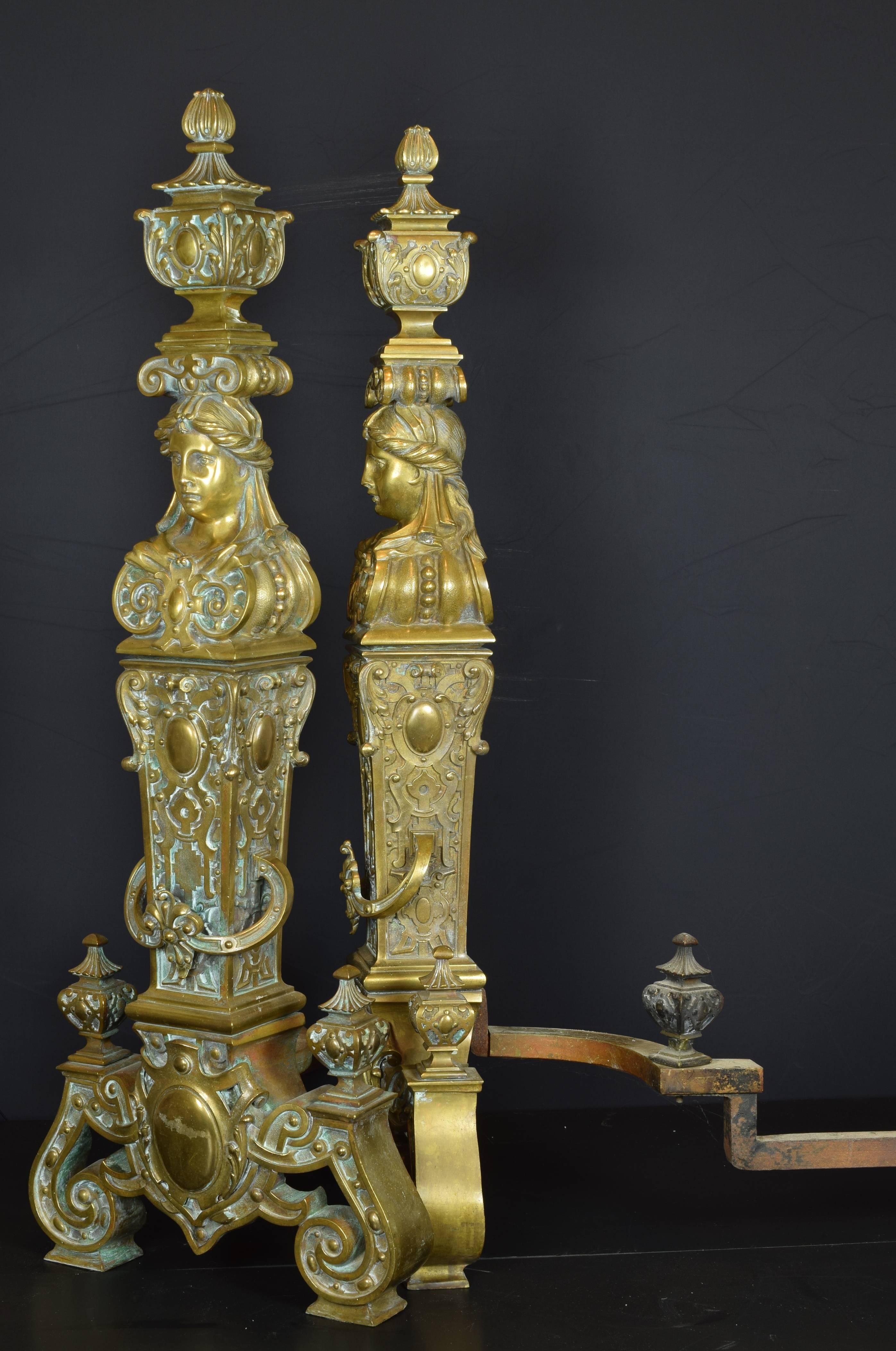 French Pair of Bronze Andirons, France, 19th Century