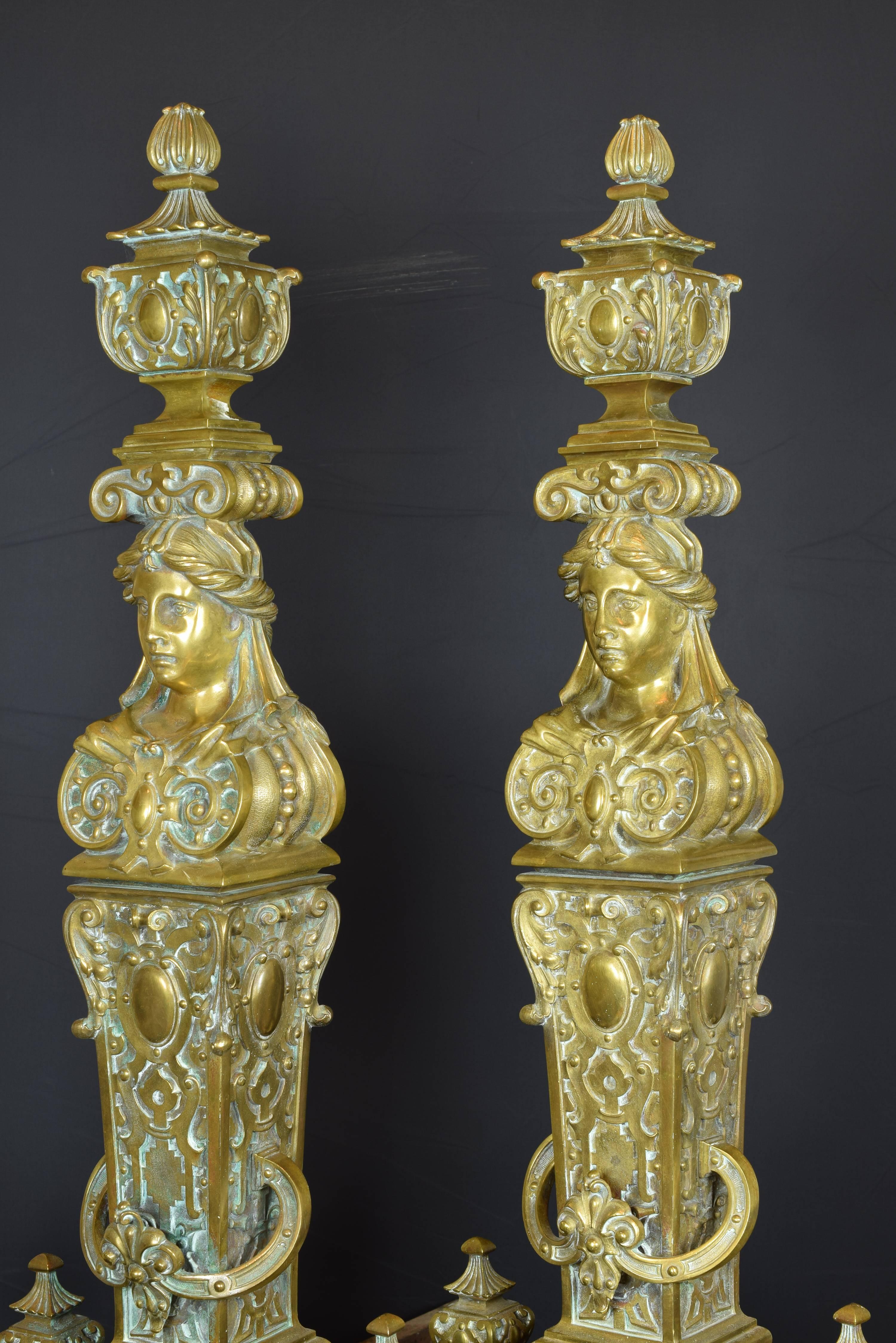 Neoclassical Pair of Bronze Andirons, France, 19th Century