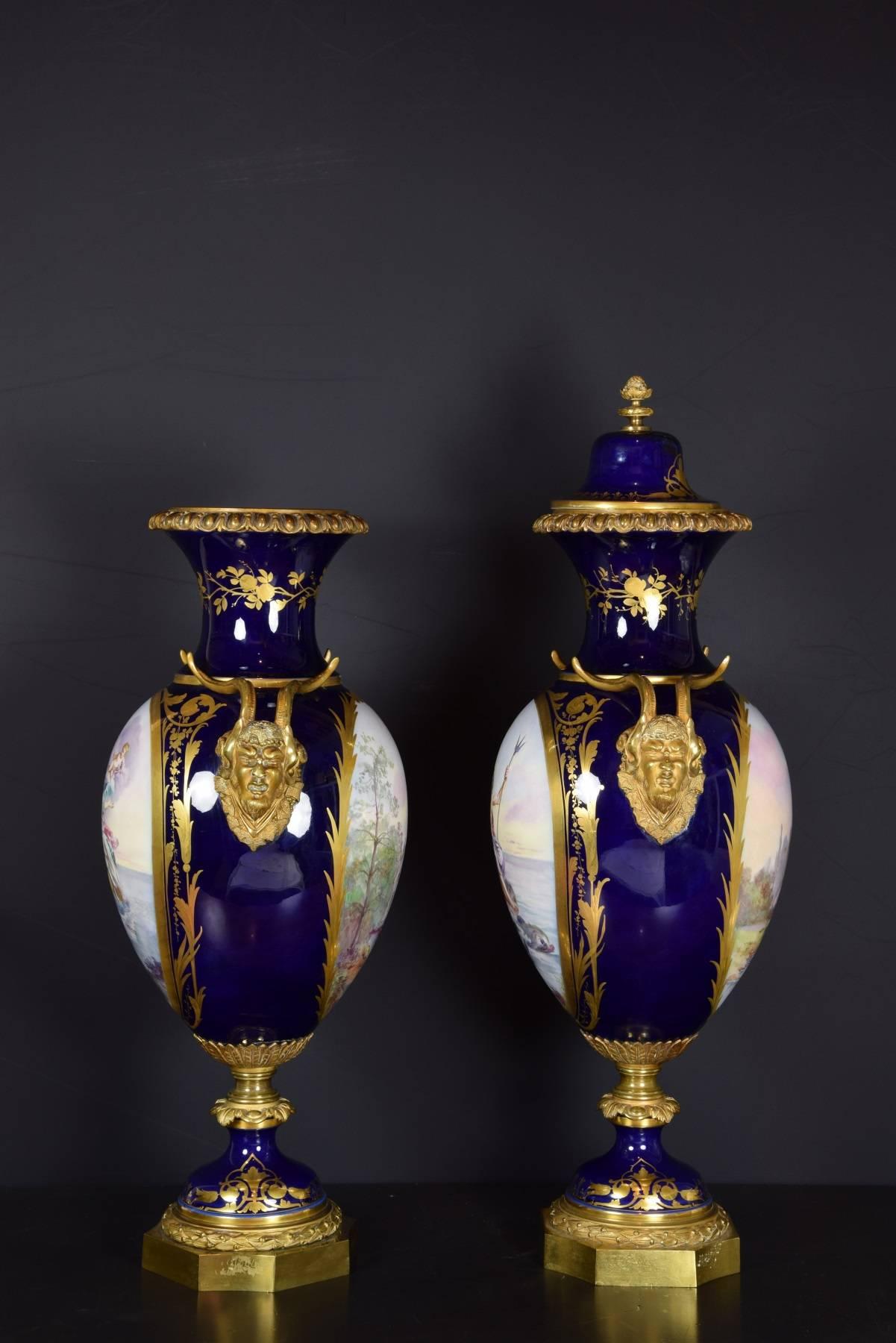 19th Century Porcelain Pair of Vases, Sèvres, France Scene after Lesueur 1