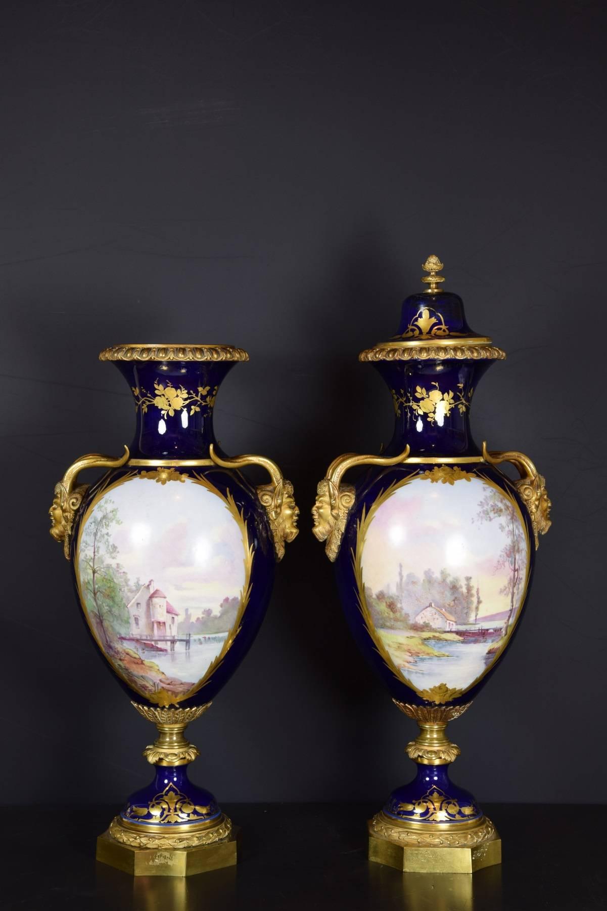 Bronze 19th Century Porcelain Pair of Vases, Sèvres, France Scene after Lesueur