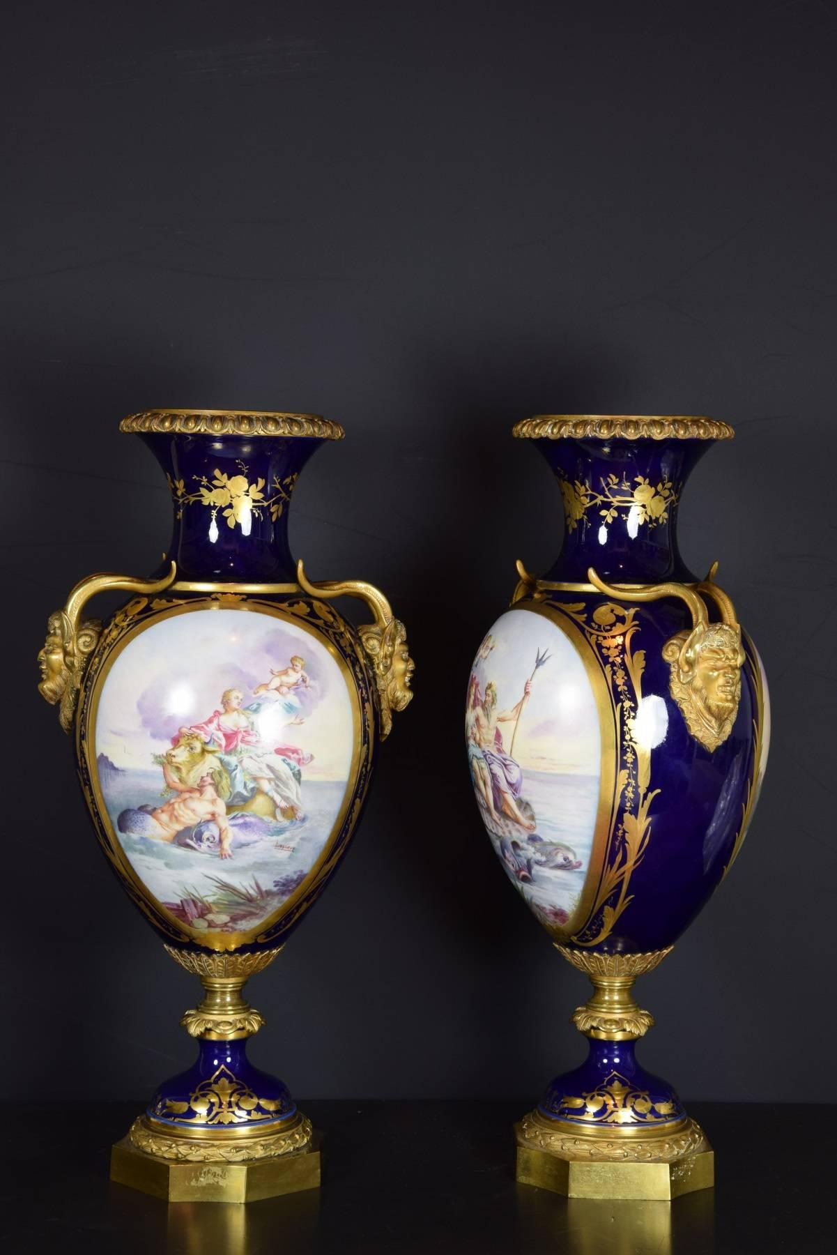 Neoclassical 19th Century Porcelain Pair of Vases, Sèvres, France Scene after Lesueur