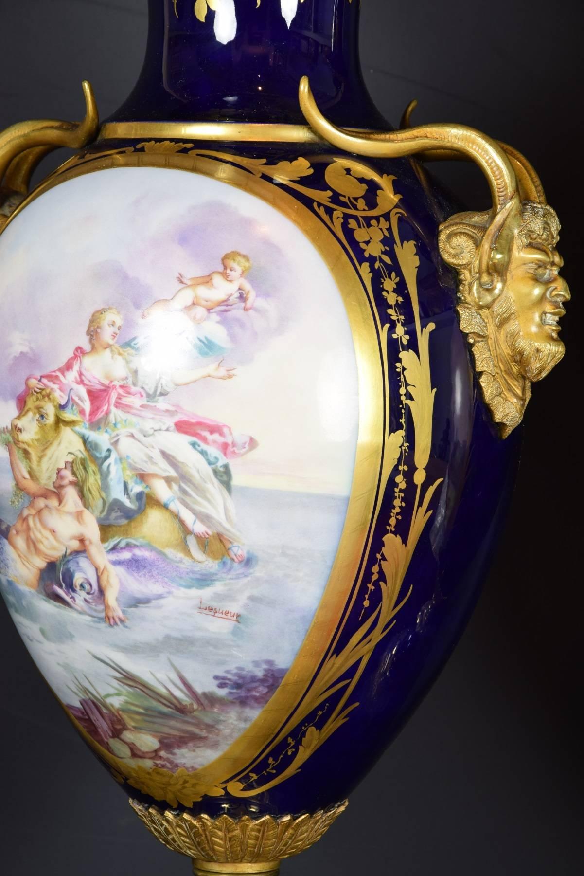 French 19th Century Porcelain Pair of Vases, Sèvres, France Scene after Lesueur