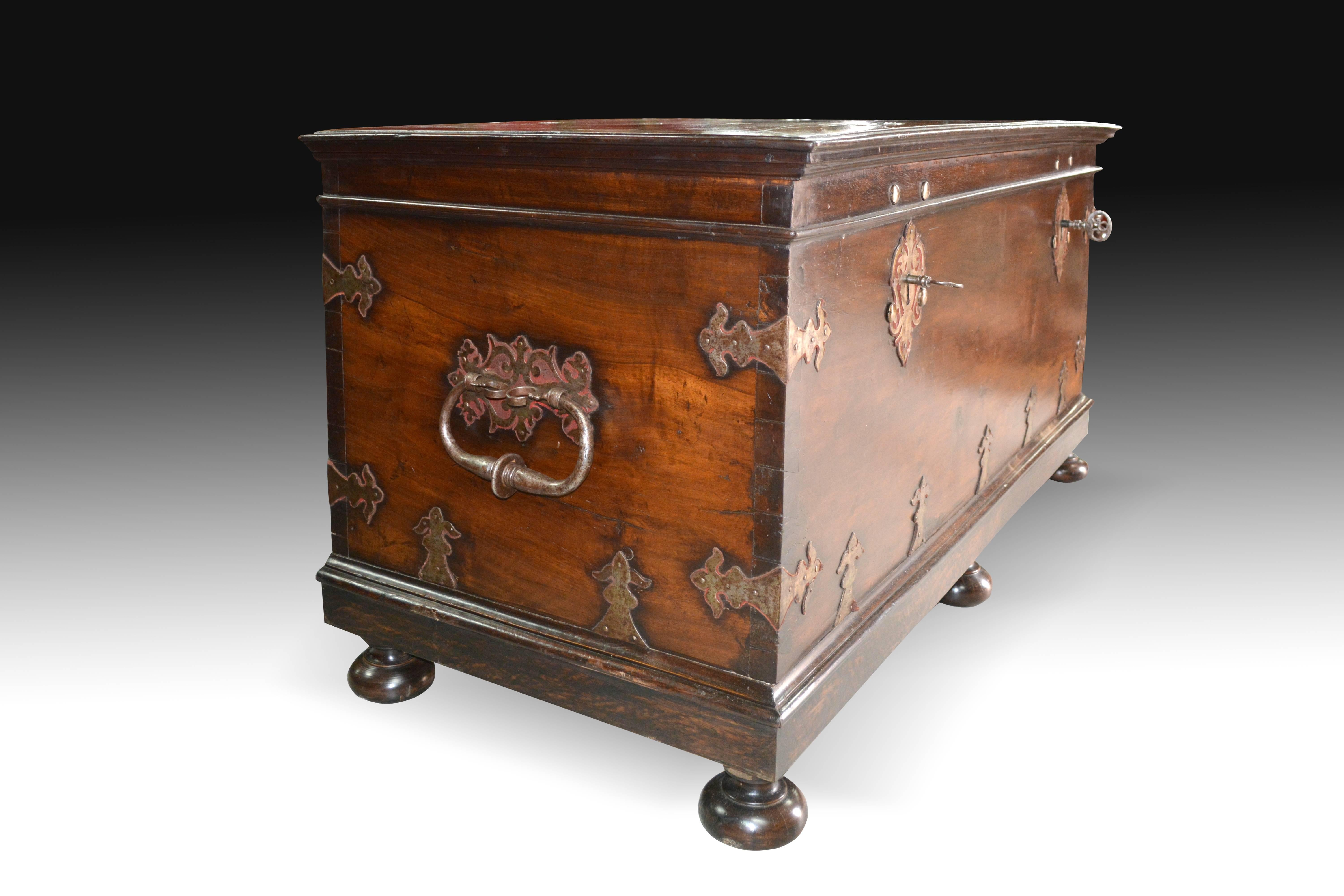 Rectangular chest with flat top raised on six legs with disc shape finished by moldings. The fronts of the furniture have a smooth area down, a thin molding that is repeated on the top and a finish, also molded, on the lid. Also, it is possible to