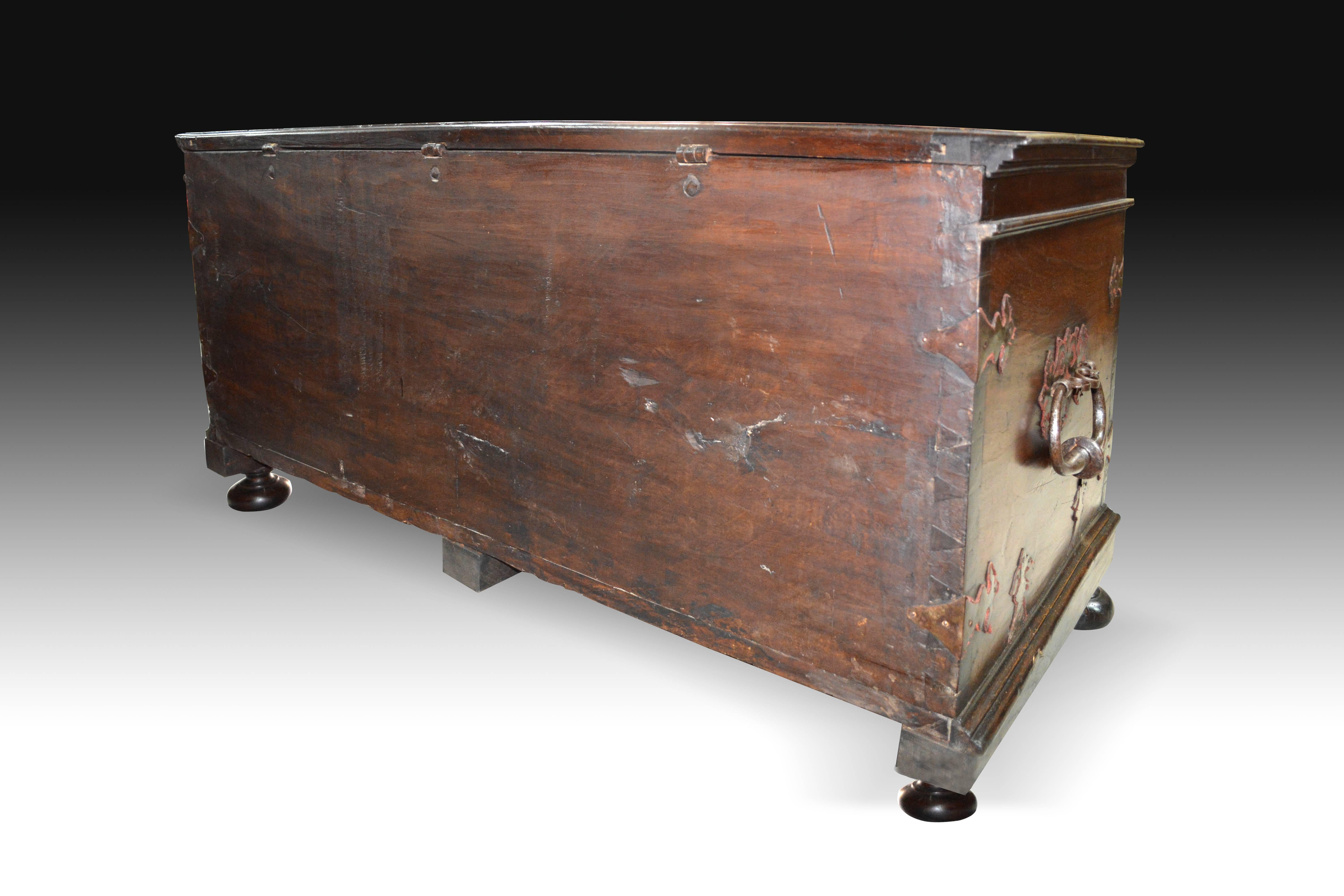 Hand-Carved Walnut and Metal Chest with Two Locks, 17th Century For Sale