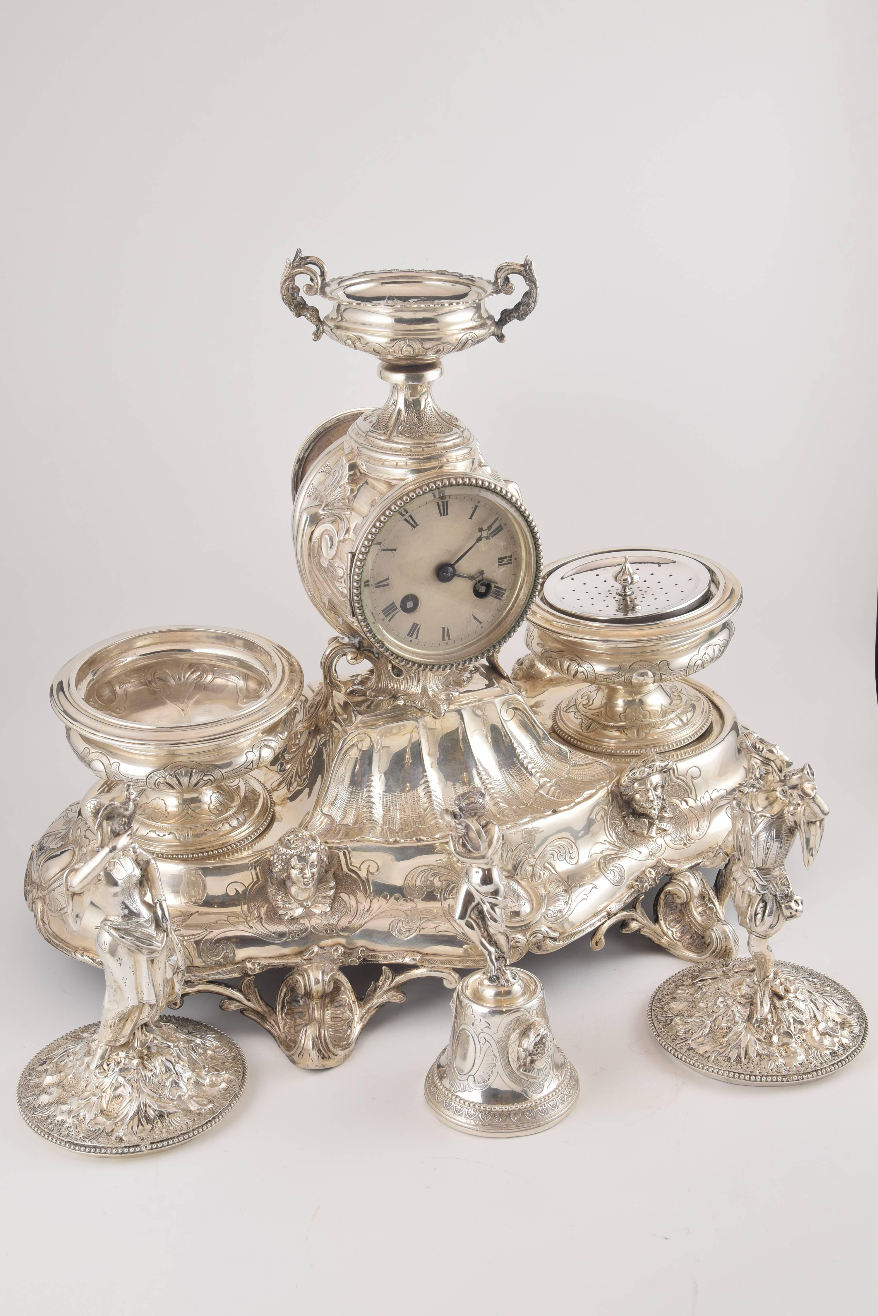 French Solid Silver Writing Set with Clock, France, 19th Century with Hallmarks