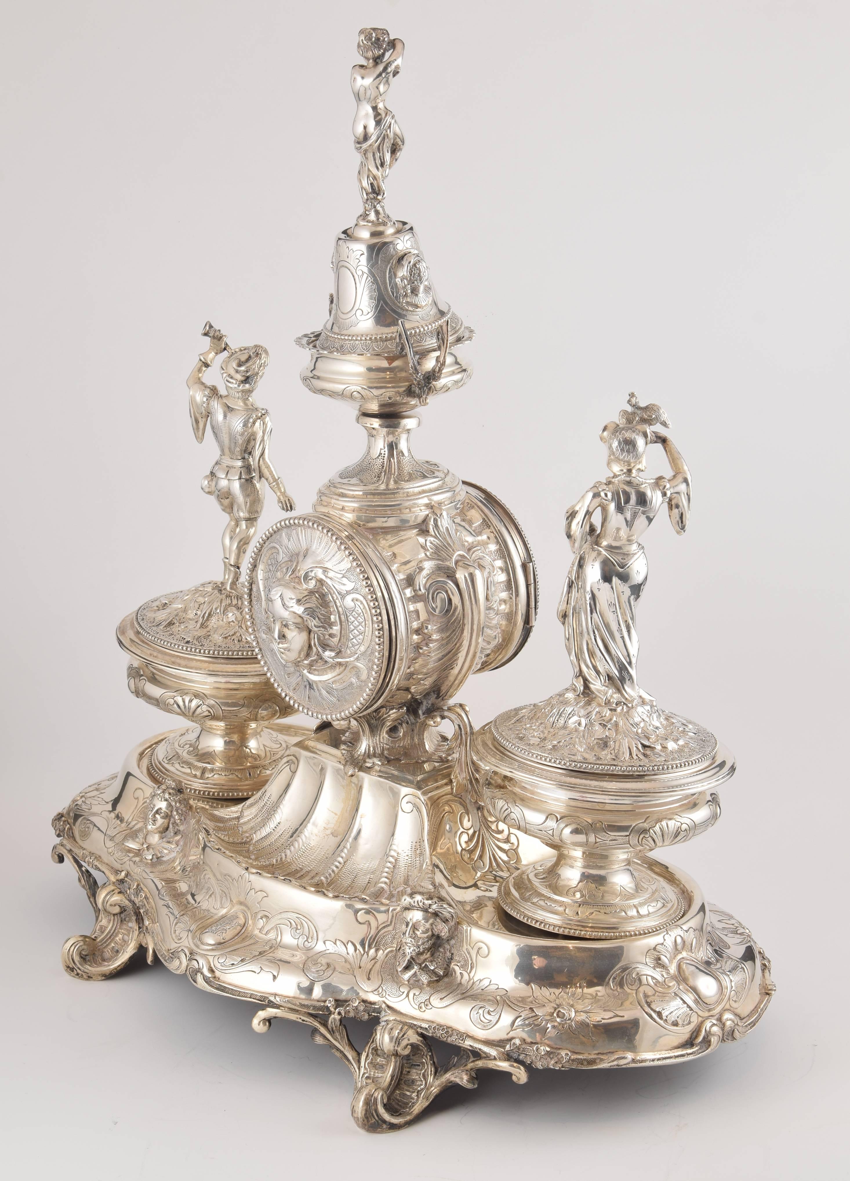 Solid Silver Writing Set with Clock, France, 19th Century with Hallmarks In Good Condition In Madrid, ES