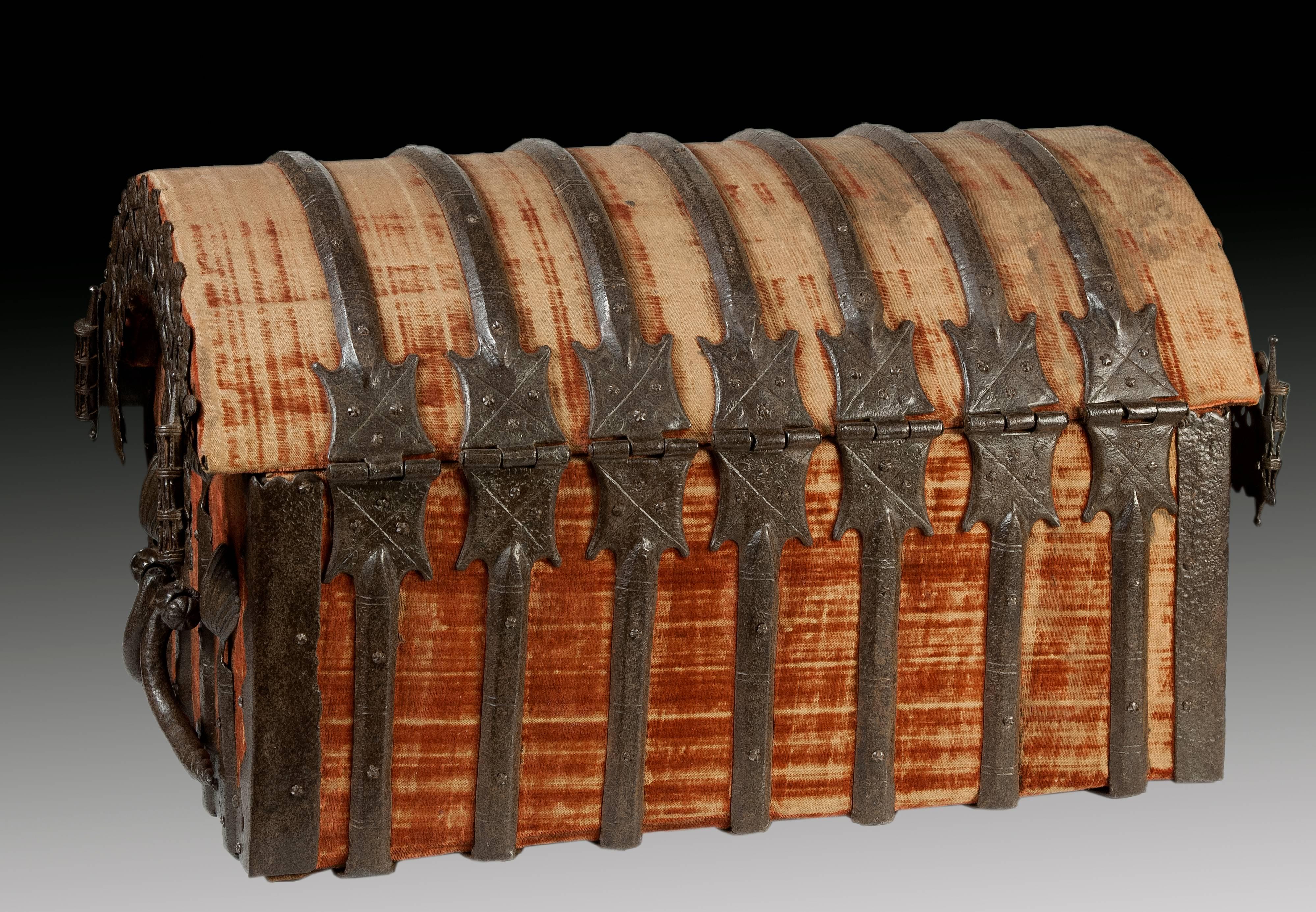 Spanish Gothic Chest, Wood, Velvet and Wrought Iron, Spain, 15th Century