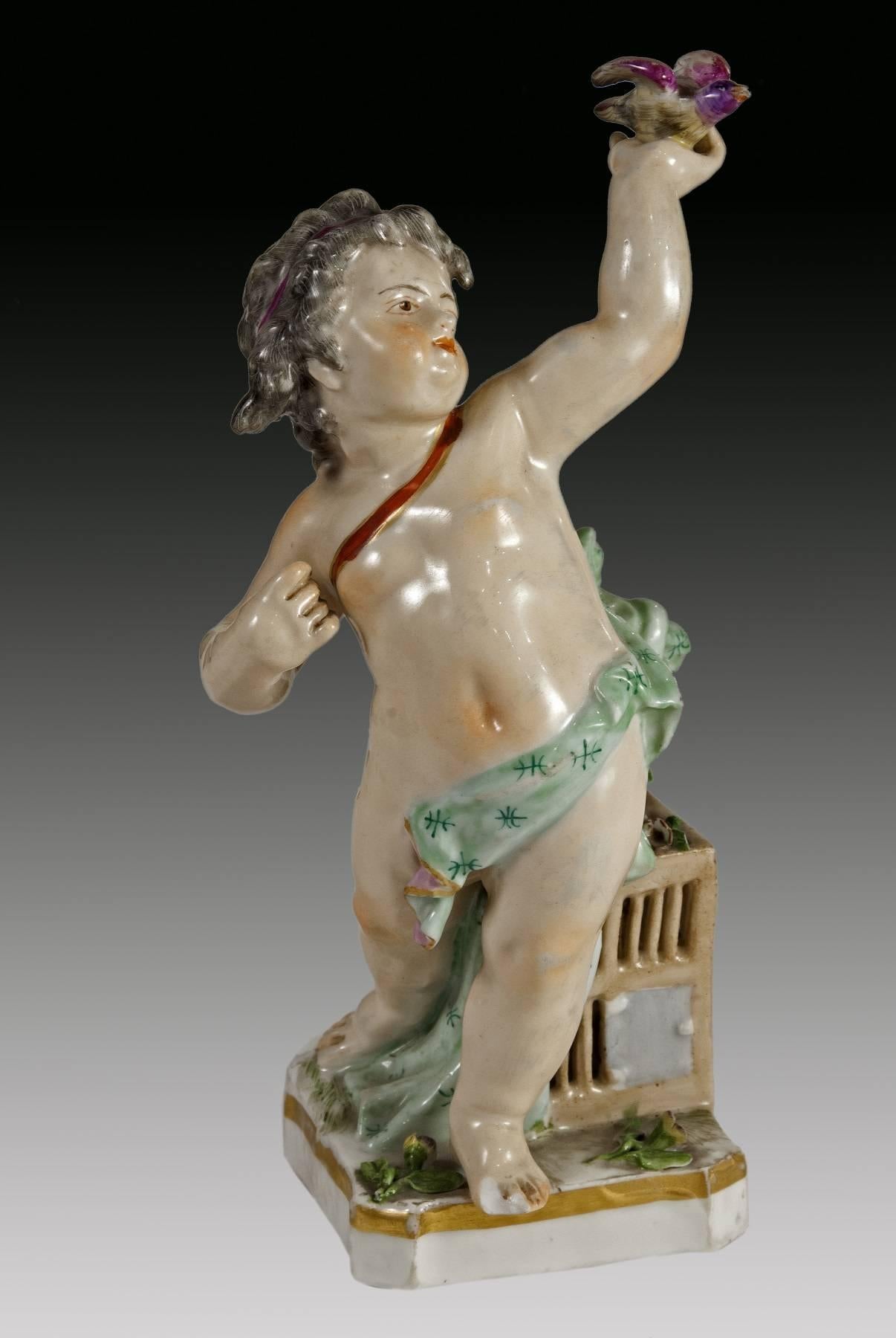 Brand of the Royal Porcelain Factory of El Buen Retiro at the base.
Located on fine square pedestals, the three figures have been located. The three children appear seminaked, their fronts decorated with bands and accompanied by various elements: