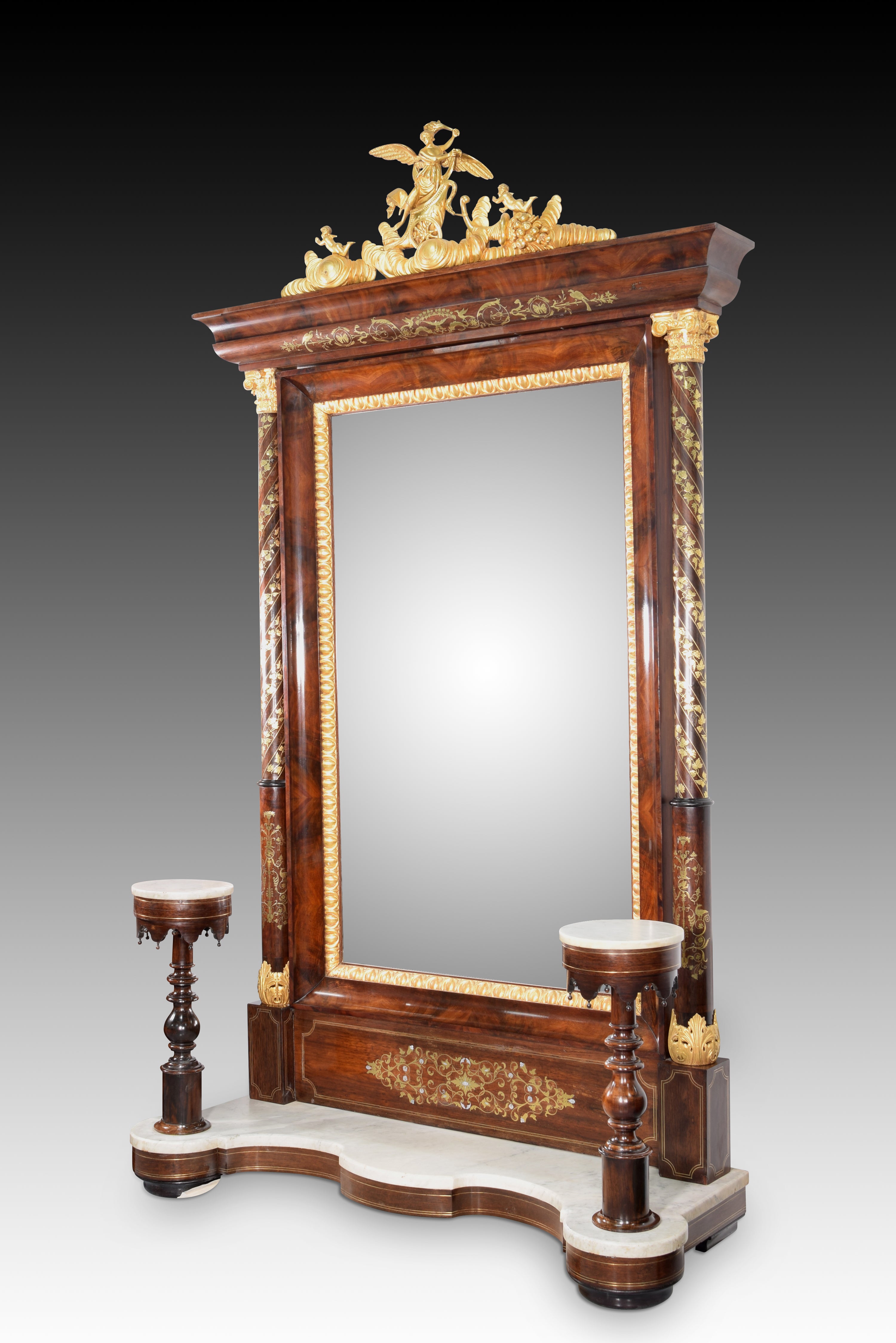 Miroir de toilette psiqué, acajou, bronze, marbre, 19e siècle en vente