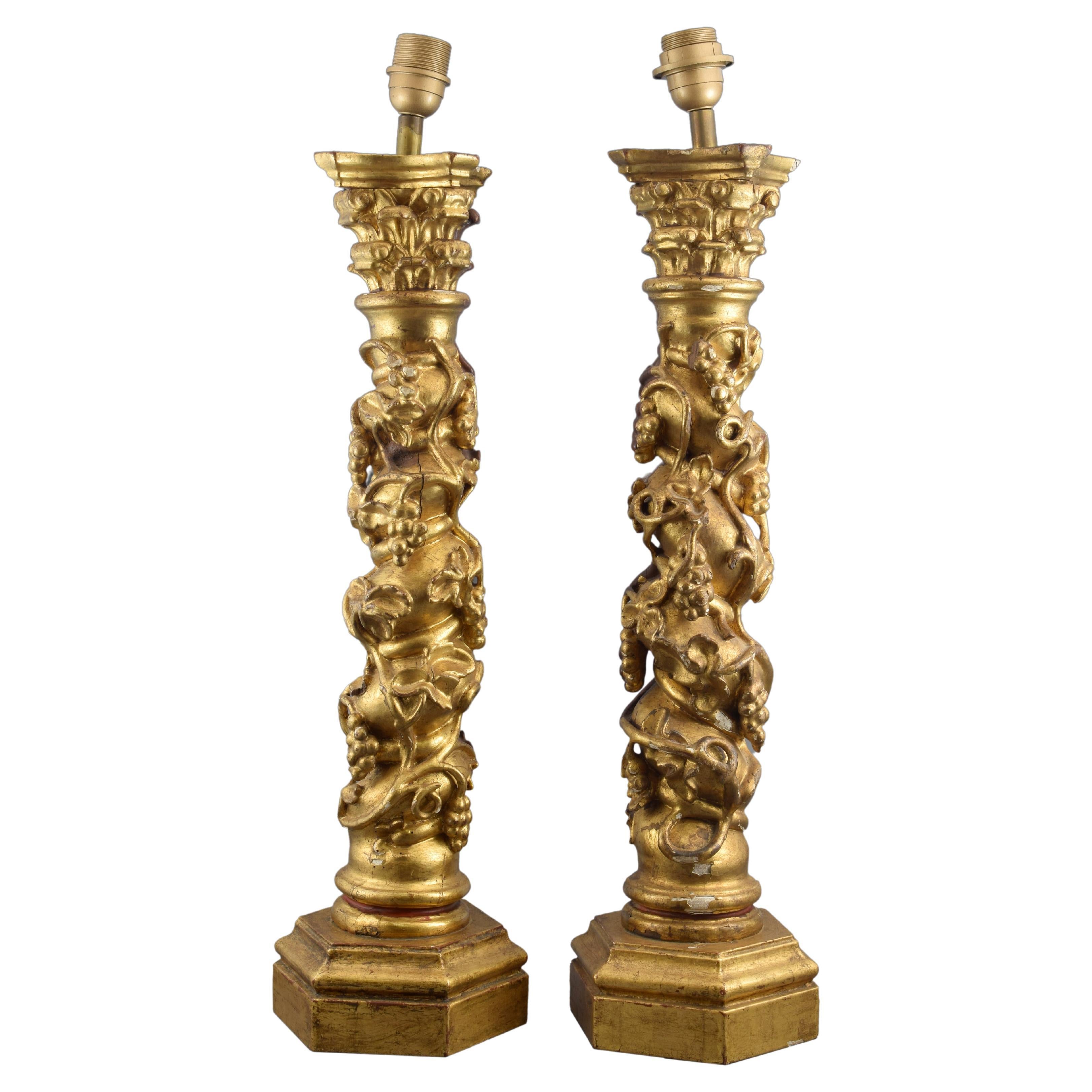 Pair of Table Lamps Made of Solomonic Columns, Wood and Metal, Late 17th Century