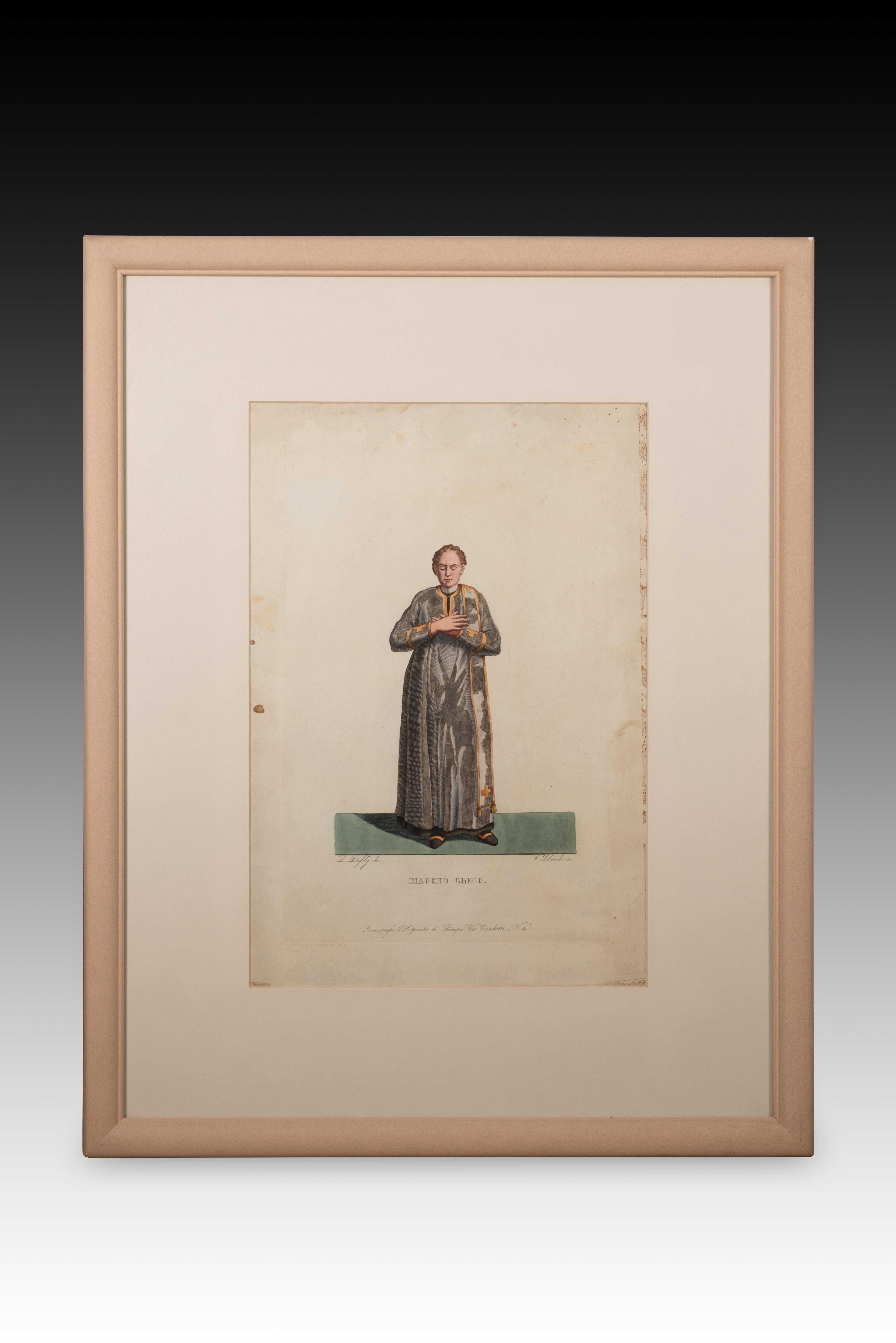 Huit tirages, Attirements religieux. Rome, Italie, XIXe siècle.
 Huit gravures en couleurs représentant divers vêtements religieux courants au Vatican à Rome, probablement réalisés au XIXe siècle, dans le Deposito di Stamep Via Condotti à Rome