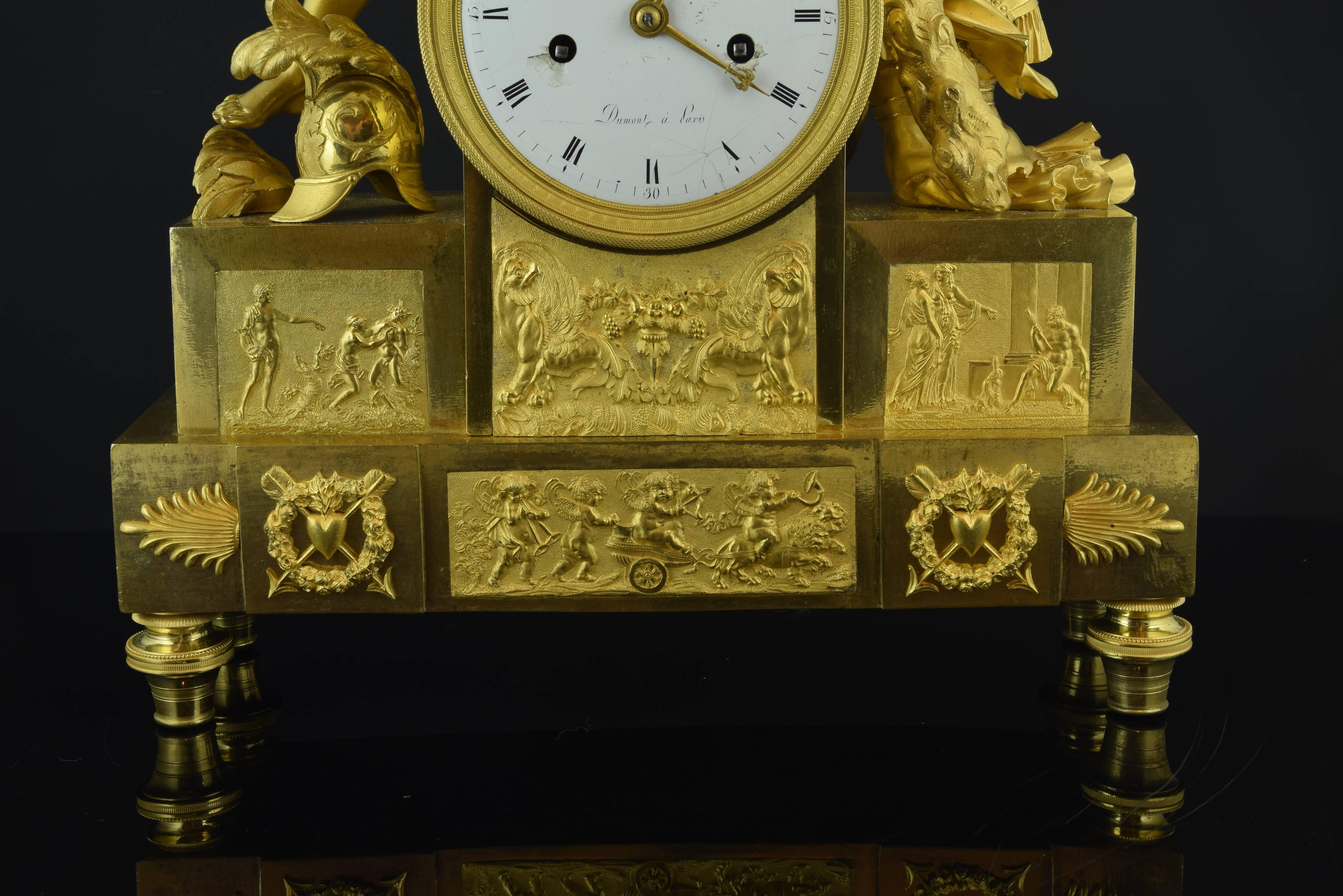 Neoclassical Table Clock Ormolu Bronze Signed Dumont, Paris, 19th Century