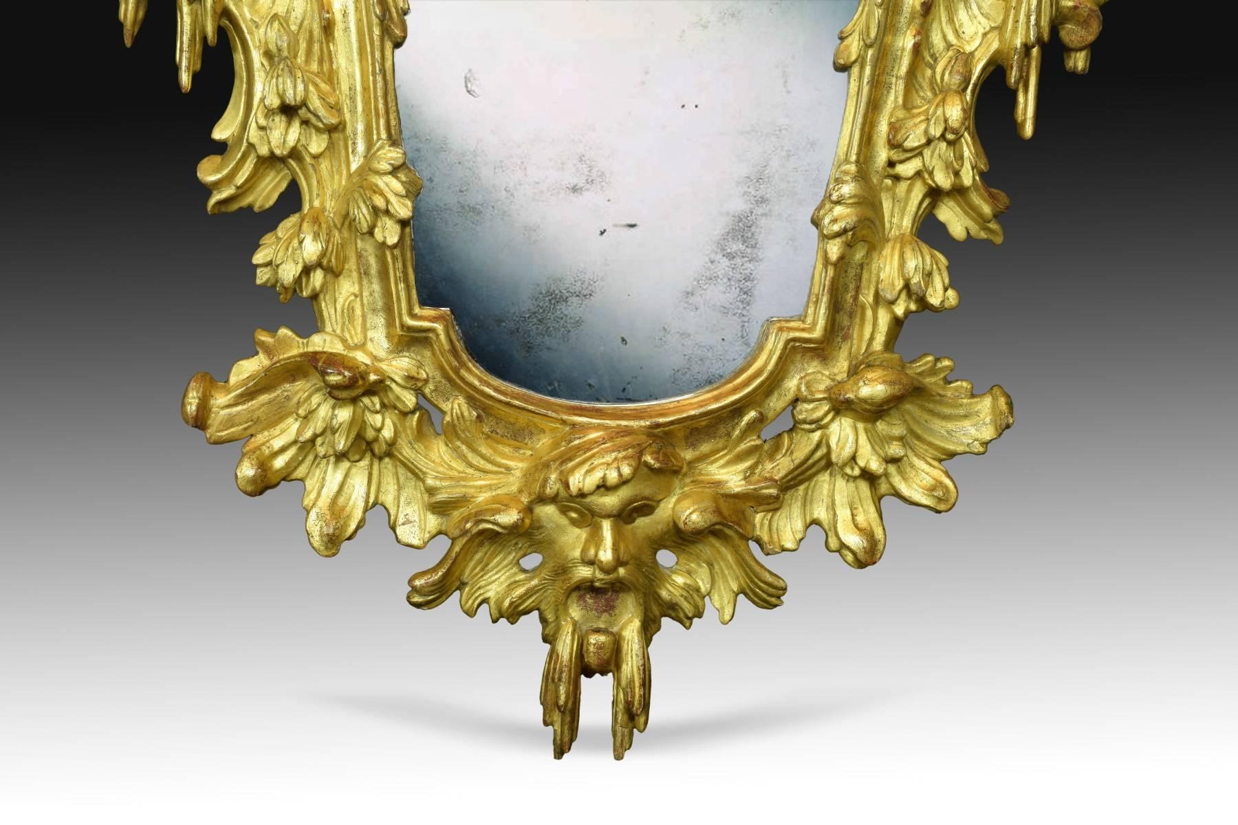 18th Century and Earlier Pair of Giltwood Mirrors with Porcelain, Rococo, 18th Century For Sale