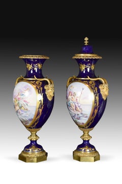 19th Century Porcelain Pair of Vases, Sèvres, France Scene after Lesueur