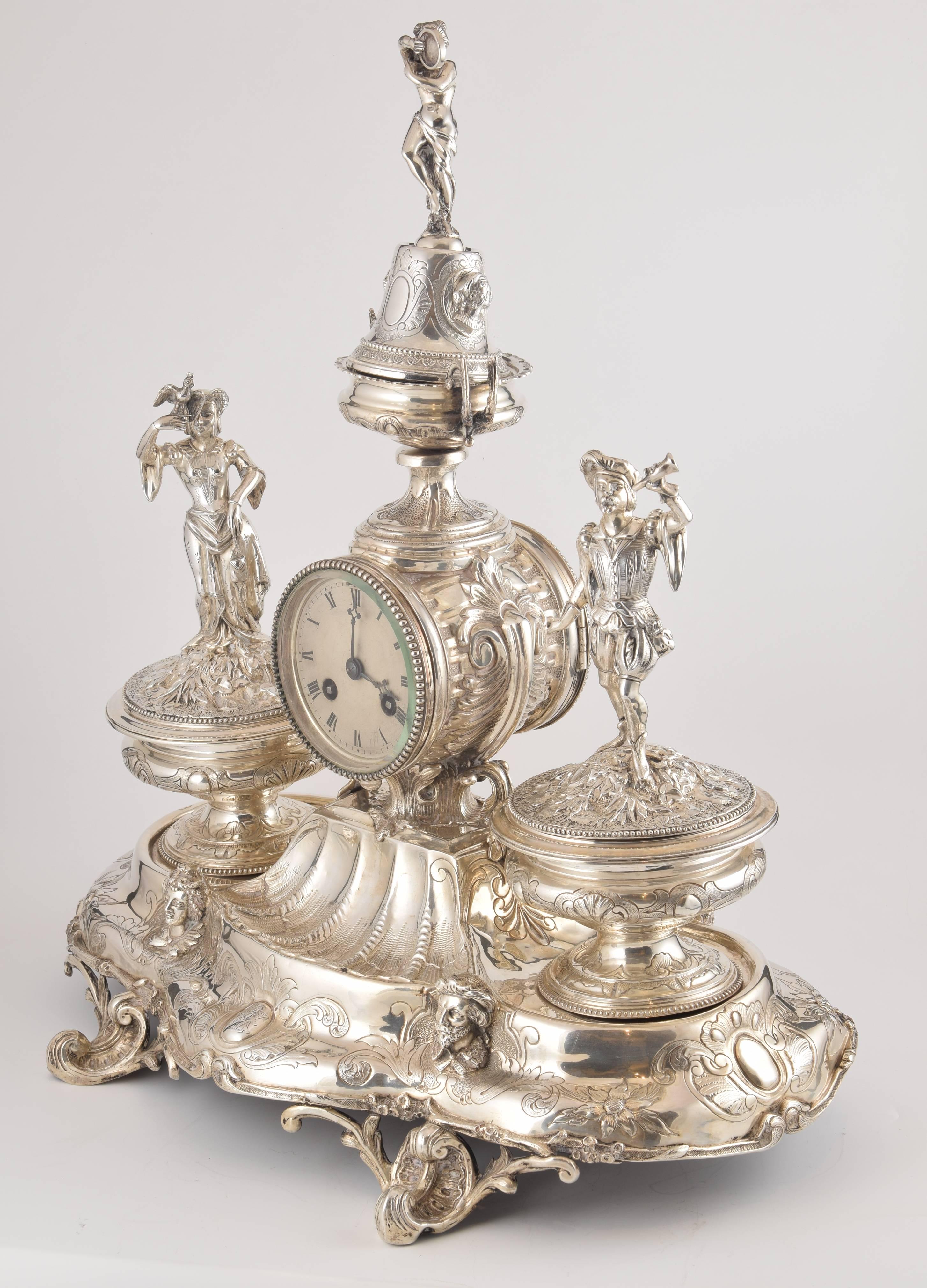 Rococo Revival Solid Silver Writing Set with Clock, France, 19th Century with Hallmarks