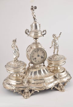 Solid Silver Writing Set with Clock, France, 19th Century with Hallmarks
