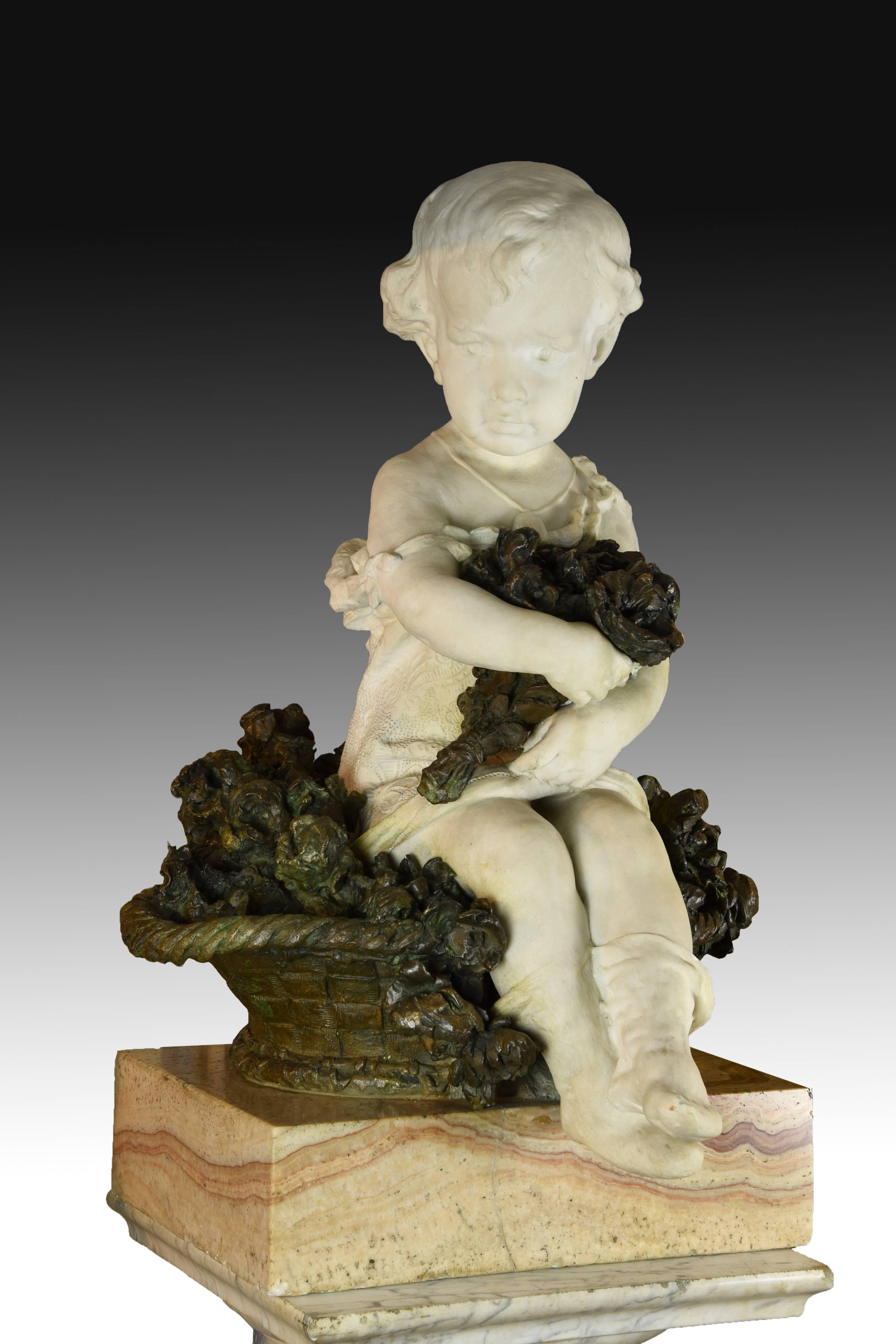 Neoclassical ”Child Portrait” Marble and Bronze, Spain, 19th Century