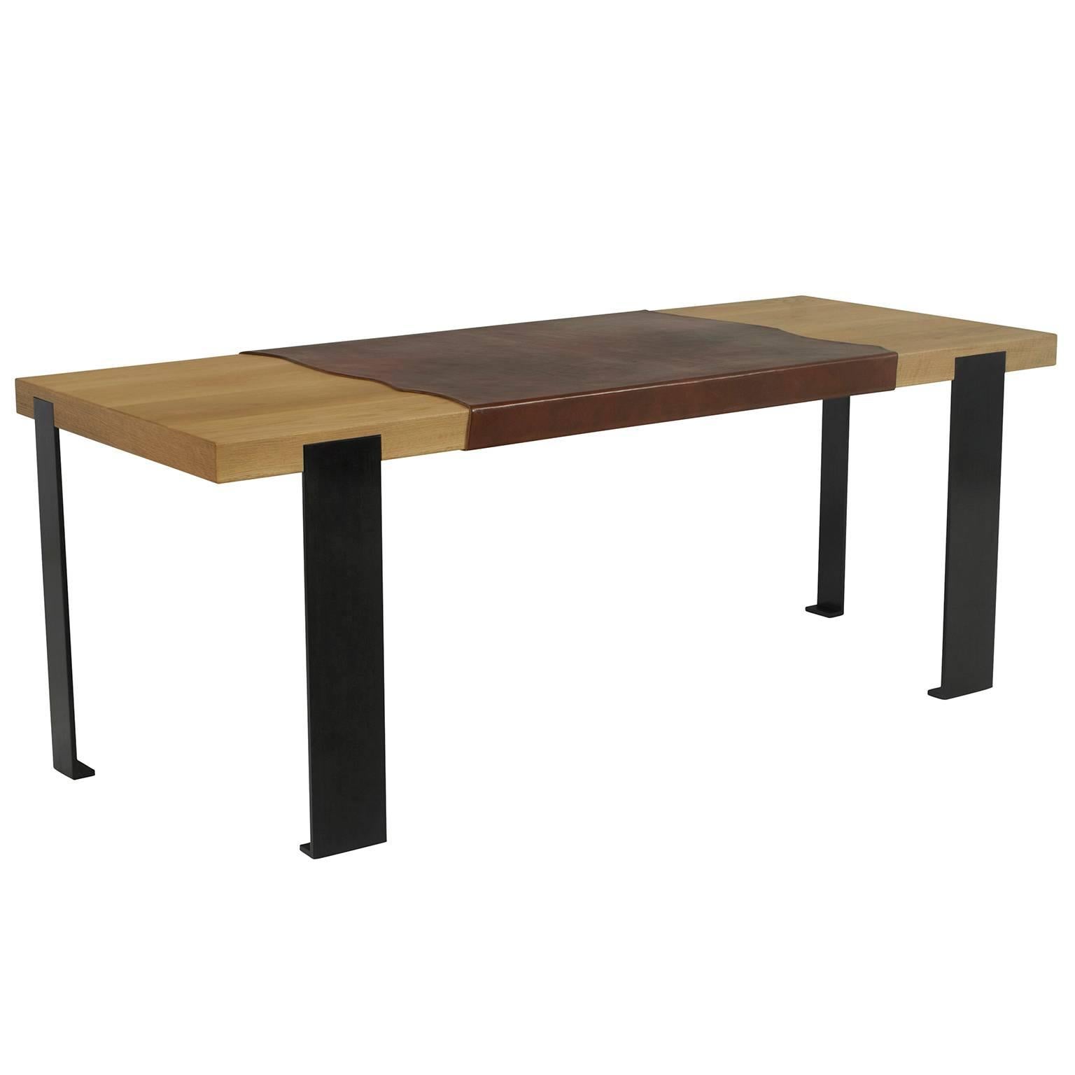 Cut Steel Contemporary Desk in Solid Oak and Blackened Steel Legs by Carbonell Design For Sale