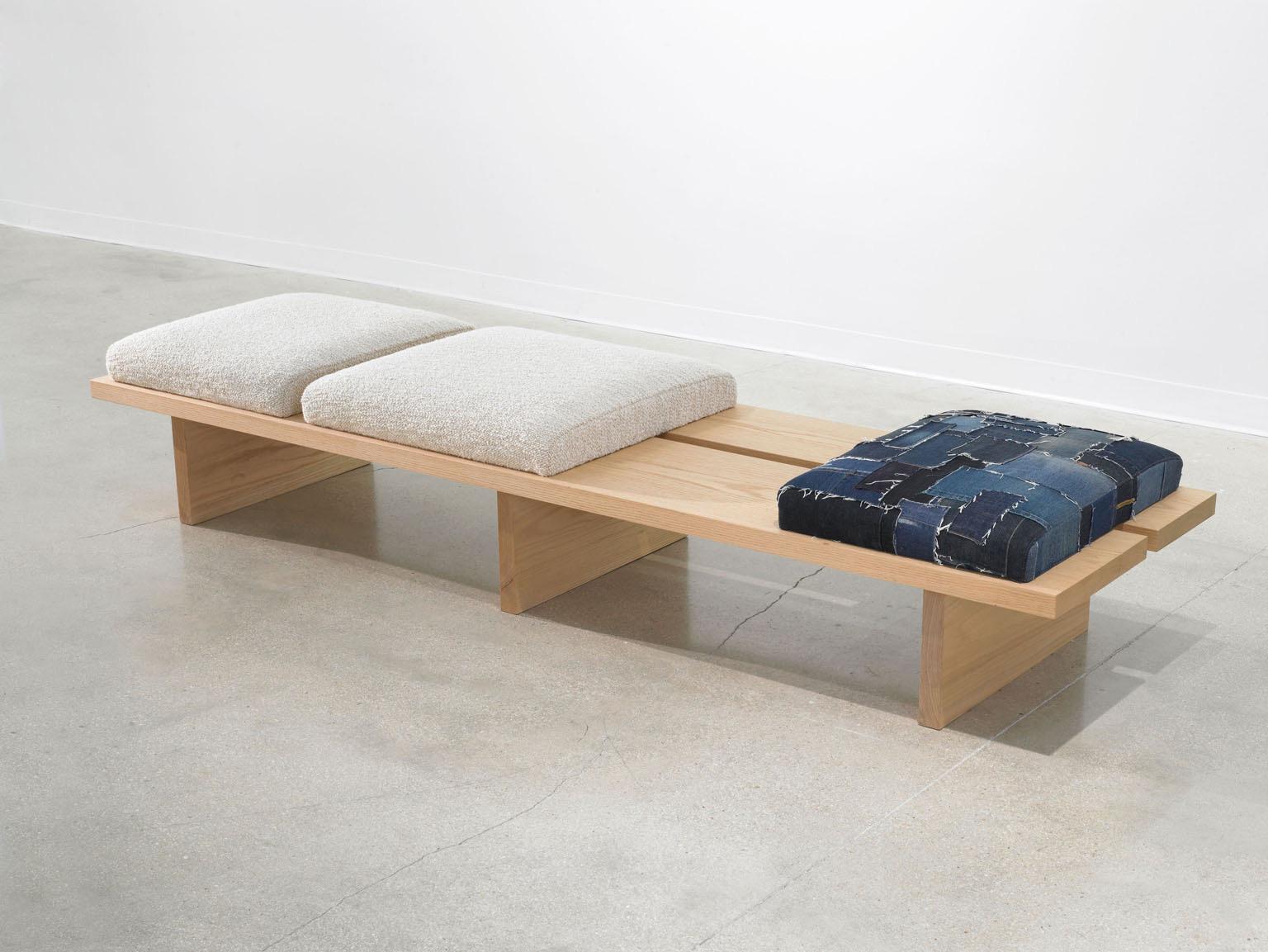 Woodwork Minimalist Natural Oak Bench with Custom Wool Bouclé Seating byVivian Carbonell  For Sale