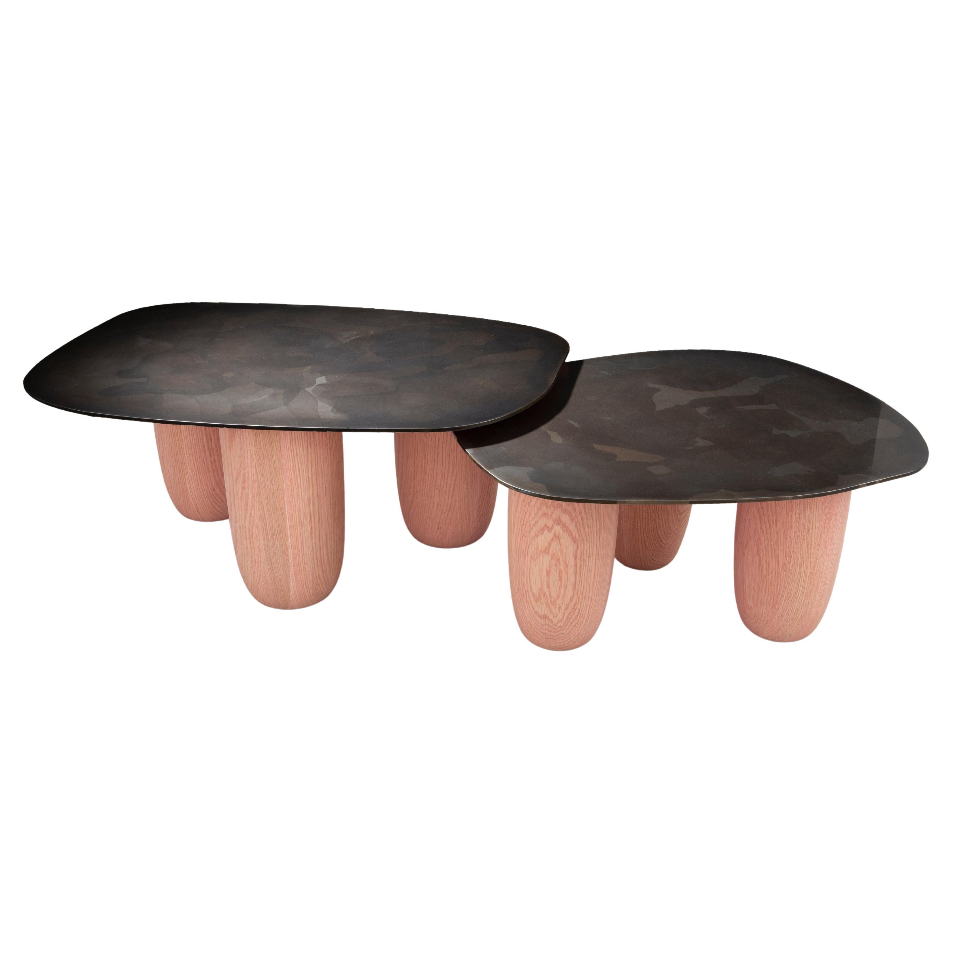 Patiné Table basse Sumo contemporaine moyenne en acier et chêne de Vivian Carbonell en vente