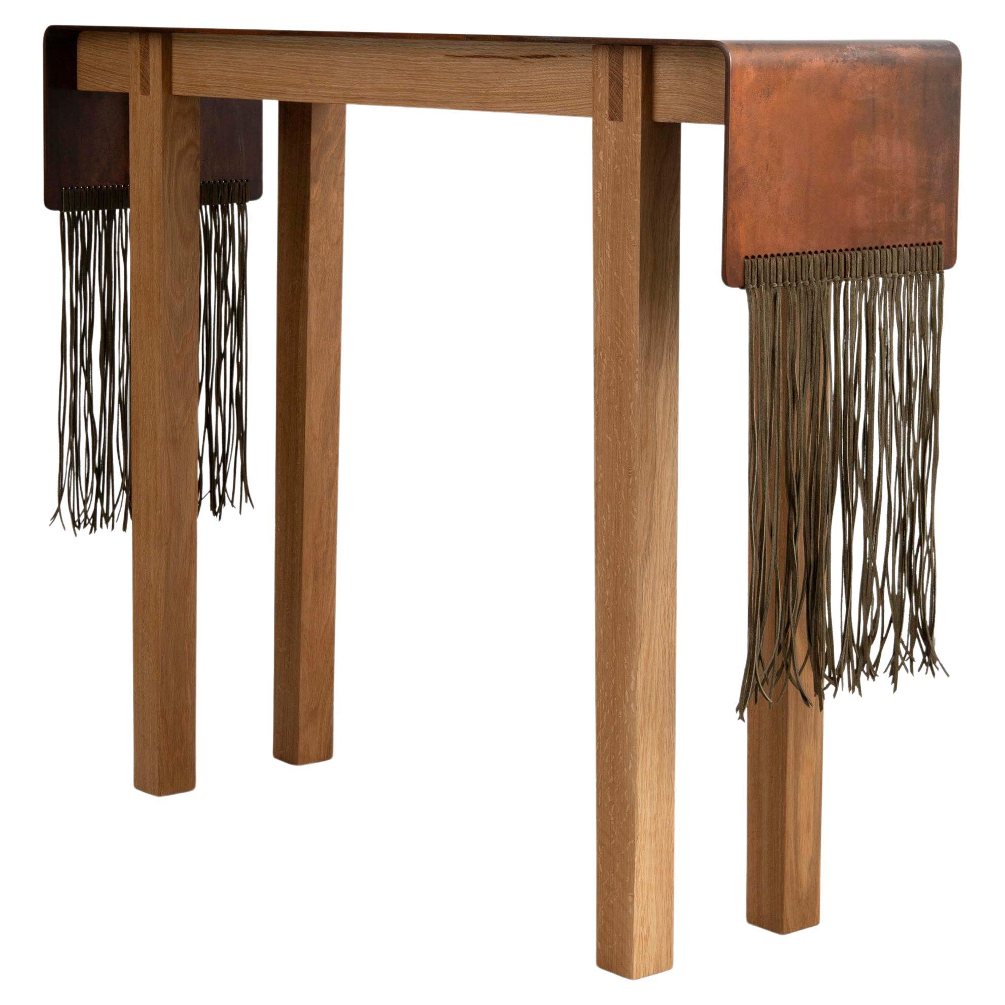 Modern Tribal Patinated Steel, Suede and Oak Console Table by Vivian Carbonell For Sale