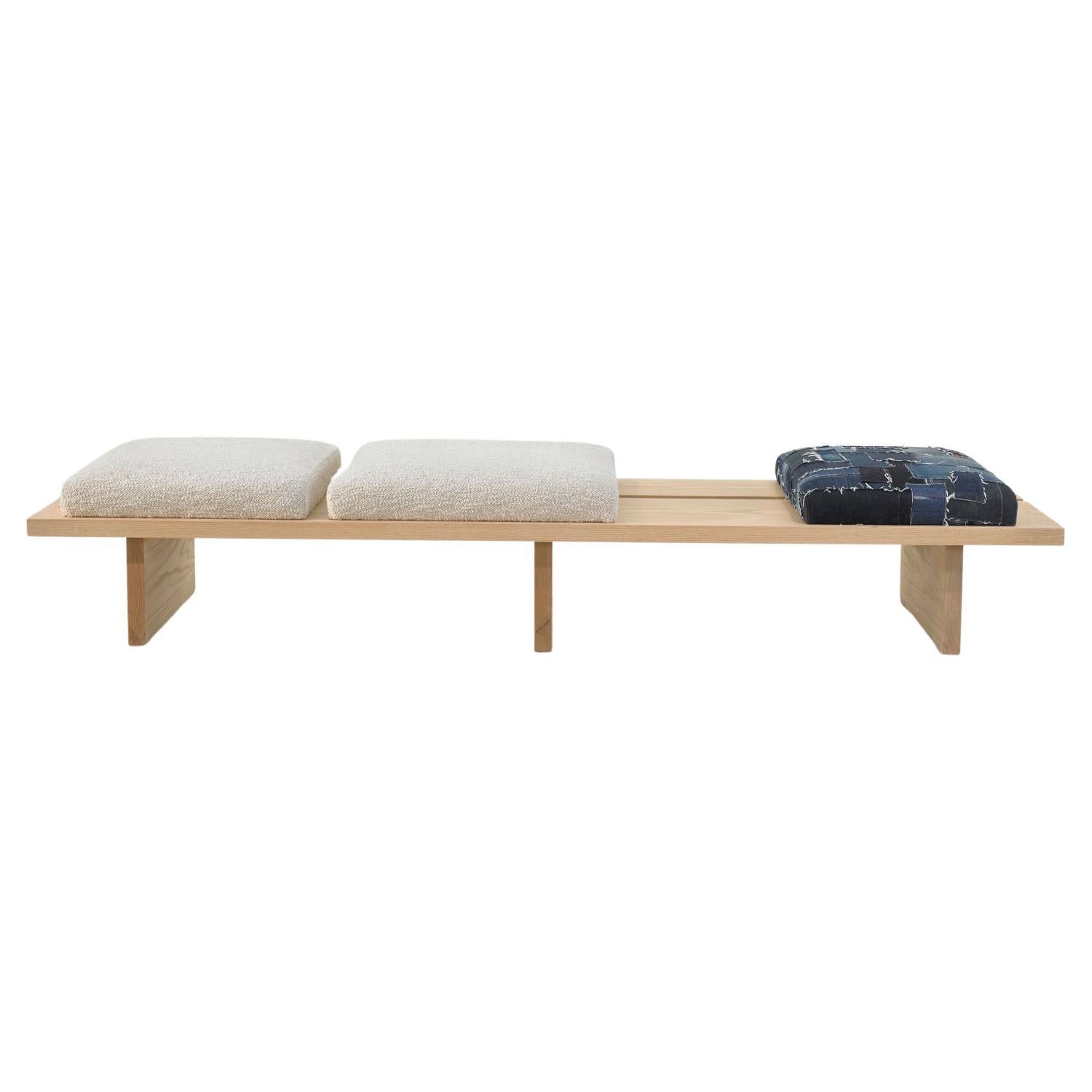 Minimalist Natural Oak Bench with Custom Wool Bouclé Seating byVivian Carbonell  For Sale