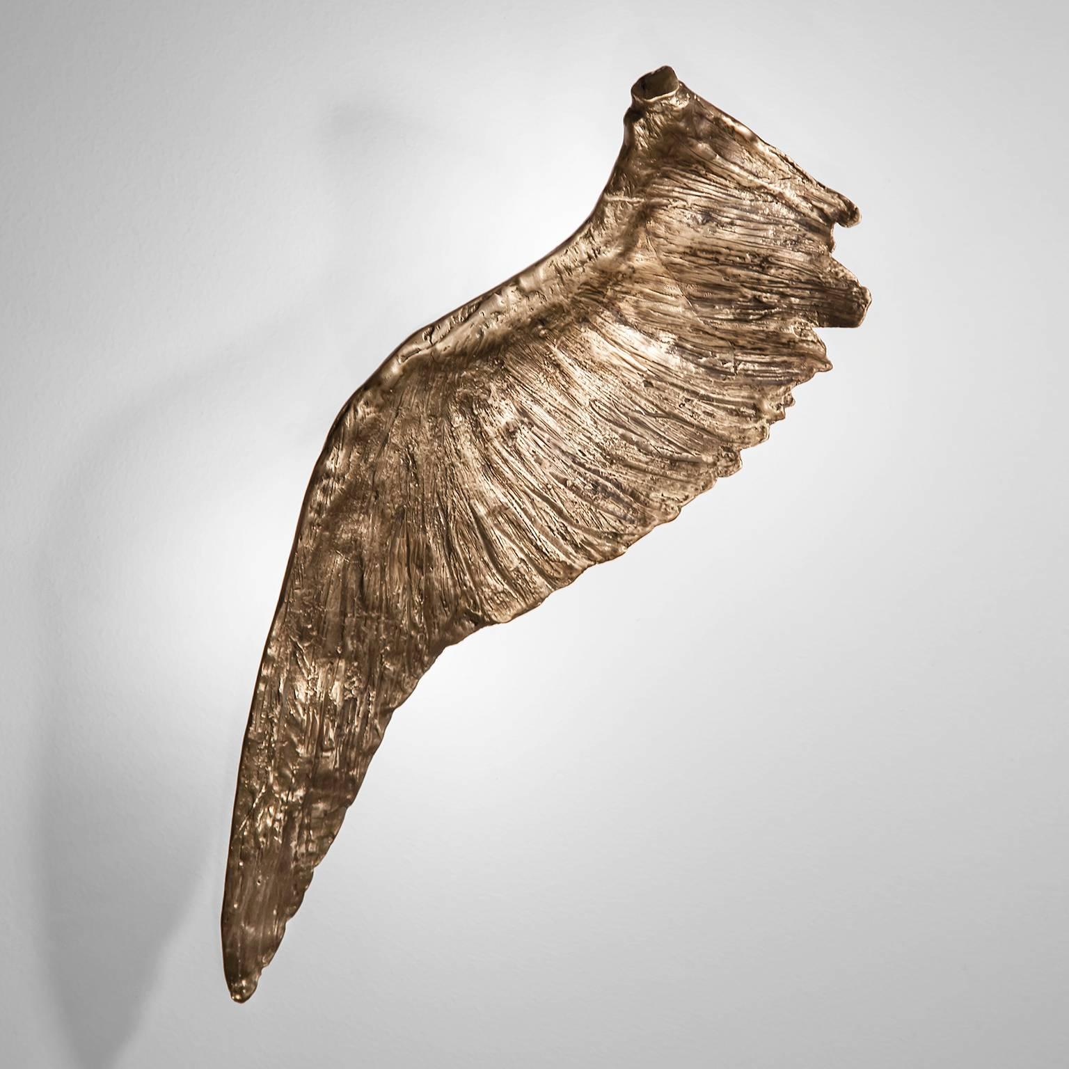 The 'Voltaire' wall sconce consists of a cast bronze wing sculpture inspired by the past and present using age old and modern techniques to create each piece. There is a left and right wing available and each has its unique details and slight