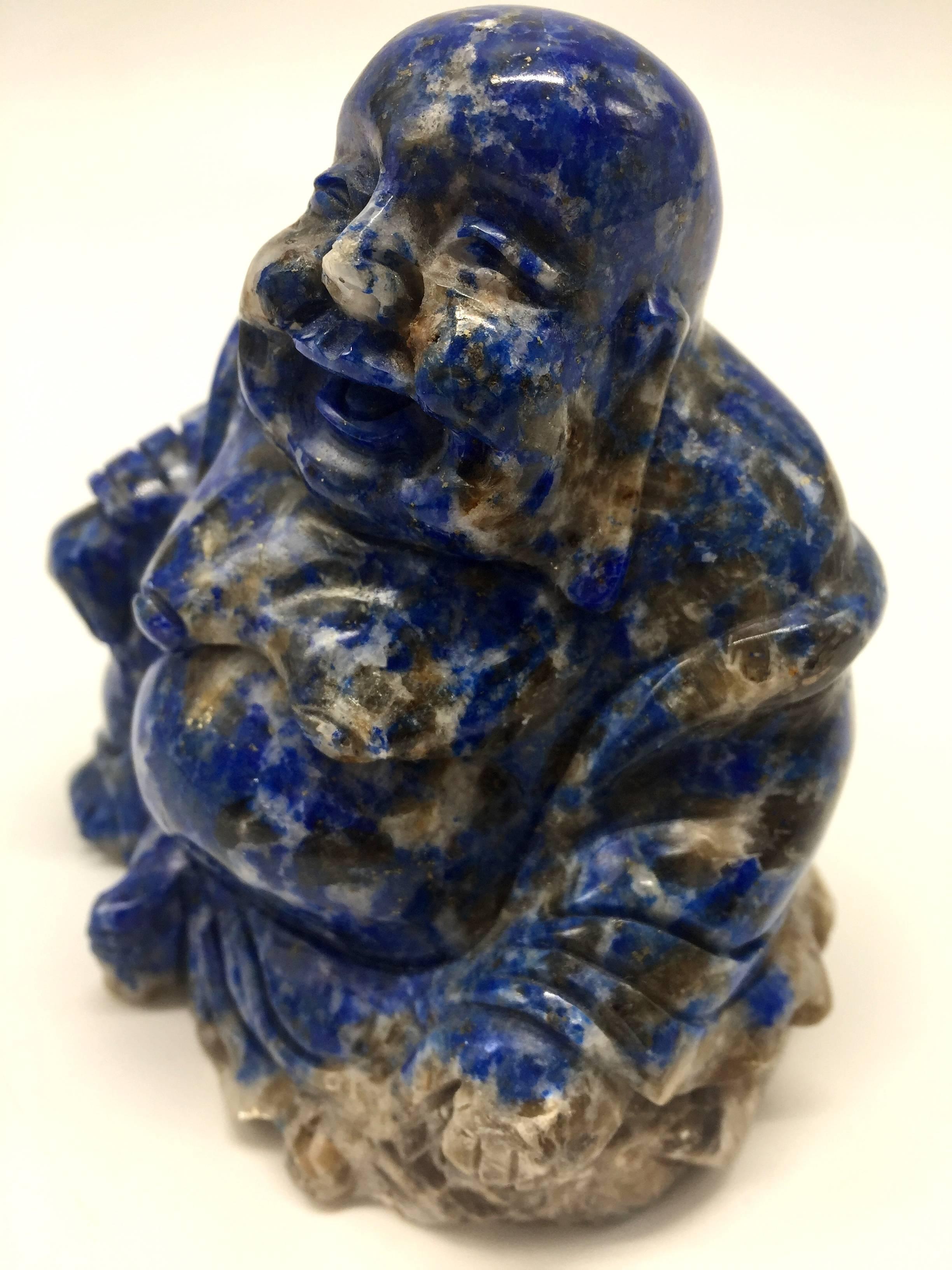 Natural Lapis Lazuli Buddha, Happy Buddha, Hand-Carved In Excellent Condition In Somis, CA