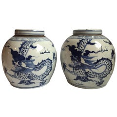 Vintage Pair of Chinese Blue and White Porcelain Ginger Jars